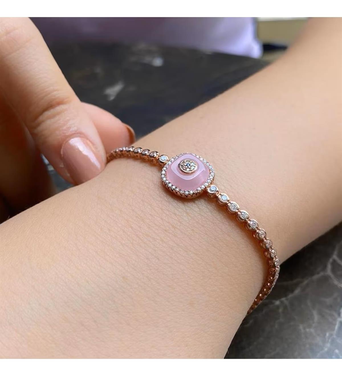 Pembe Nazar Boncuklu Gümüş Su Yolu Bileklik