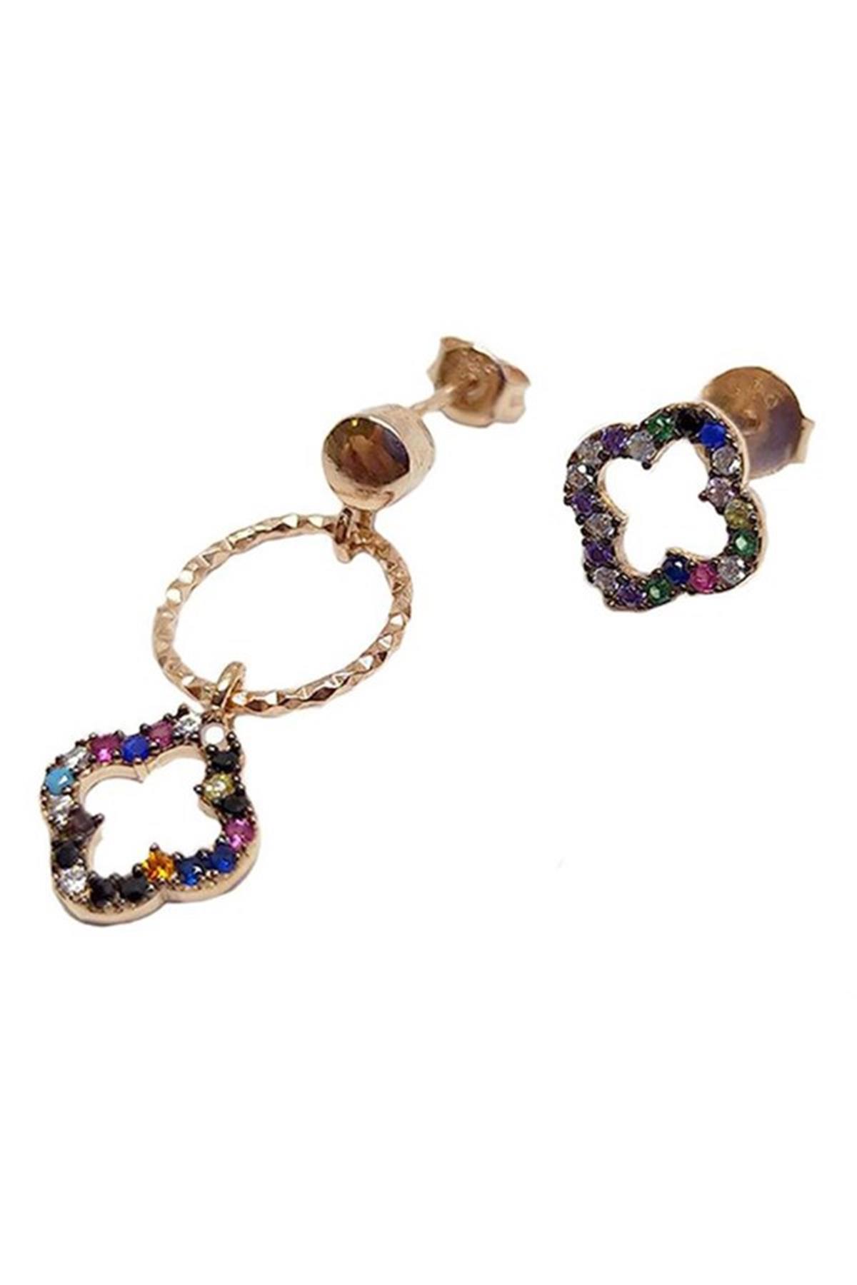 Renkli Taşlı Gümüş Yonca Küpe