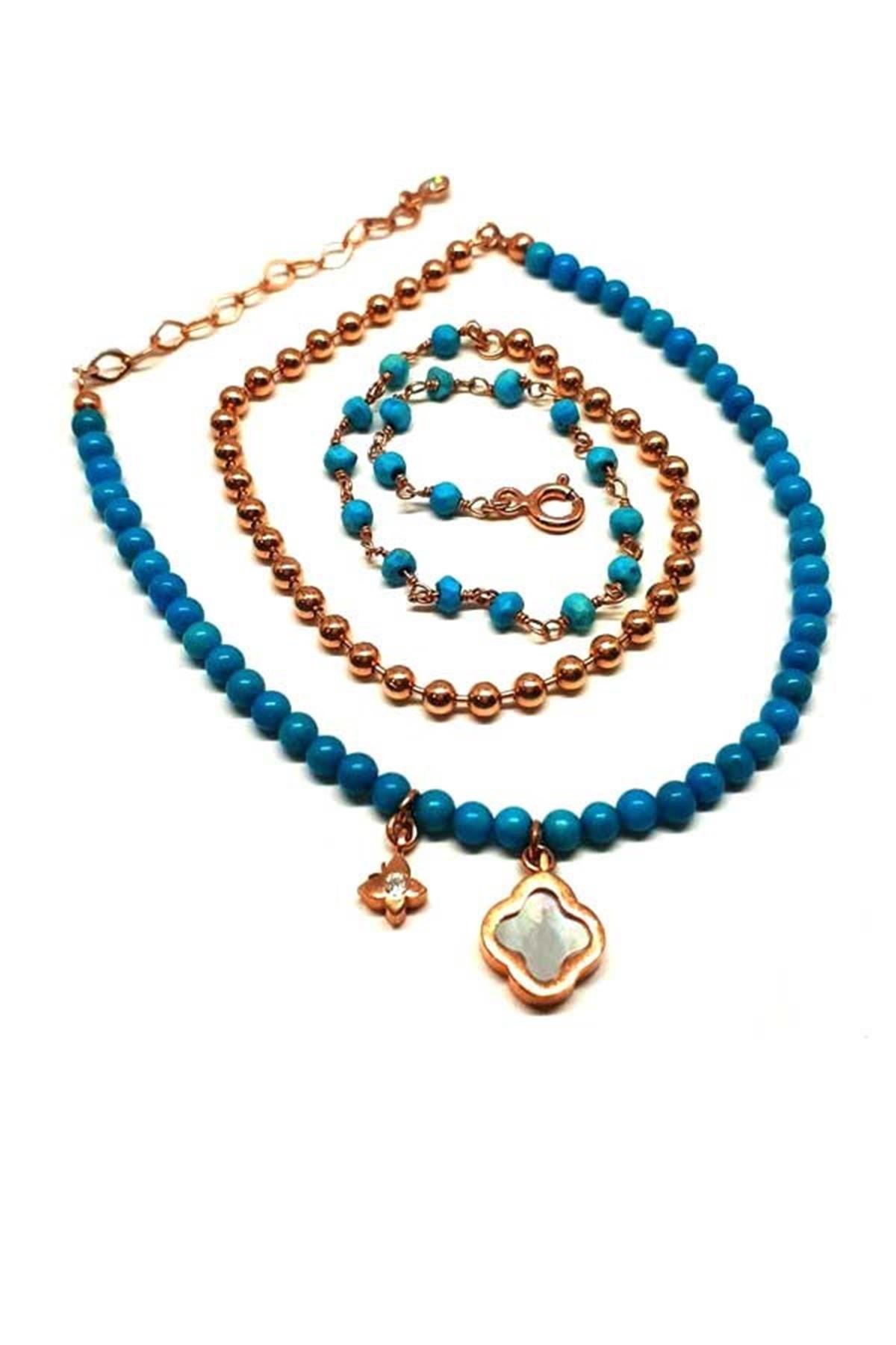 Sedef Ve Turkuaz Taş Gümüş Yonca Bileklik