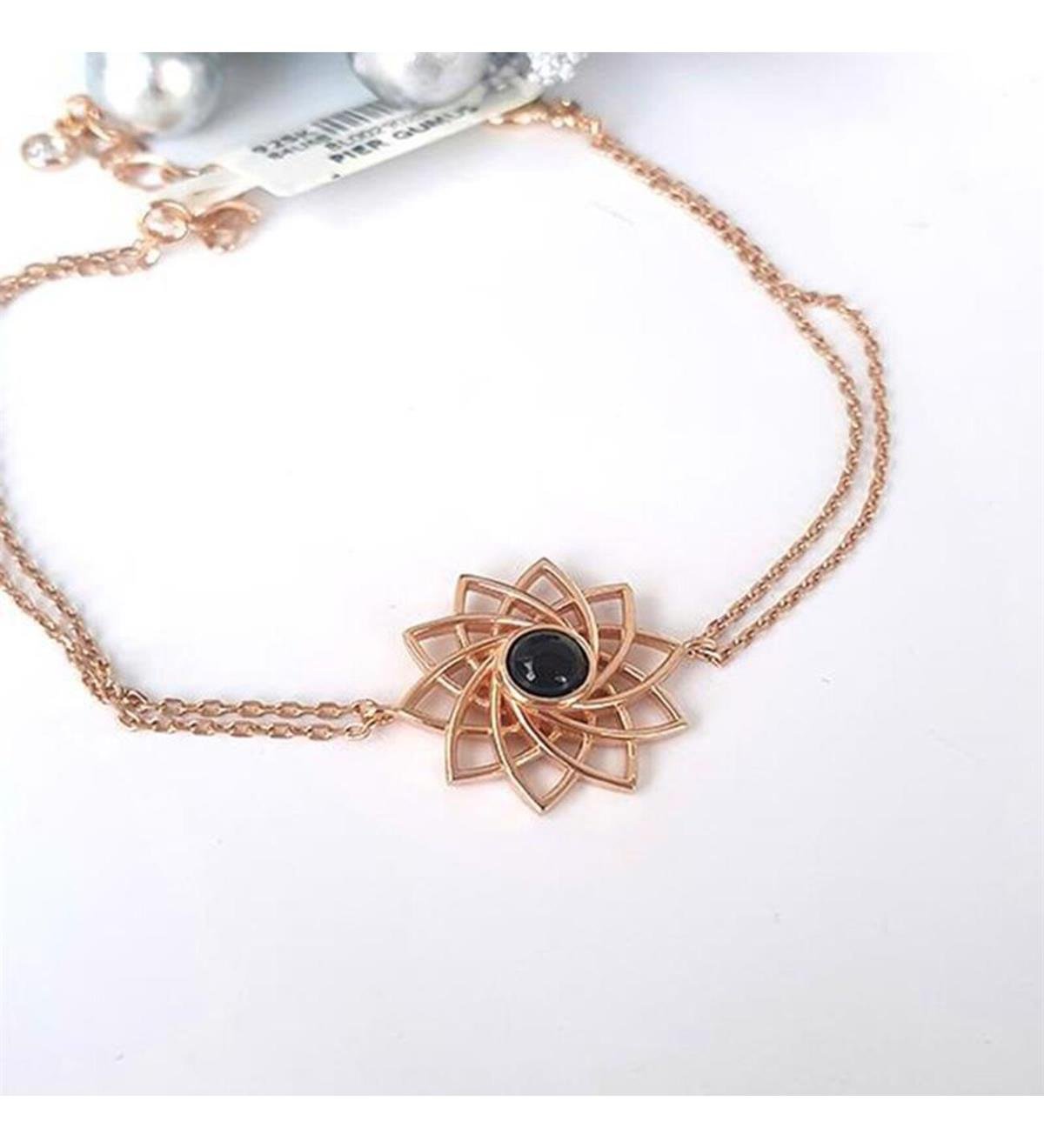 Siyah Taşlı Lotus Gümüş Bileklik