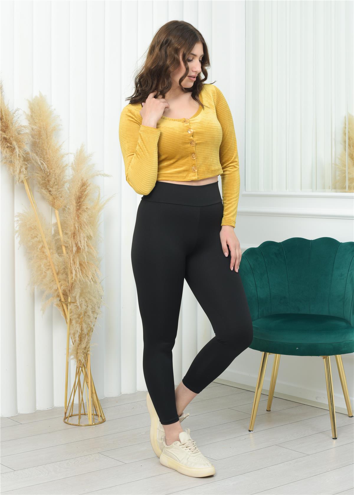 Geniş Yaka Fitilli Kadife Crop Hardal Rengi