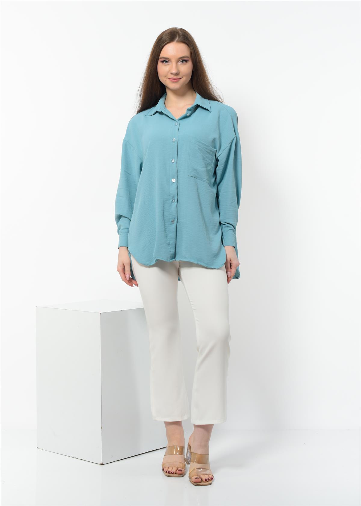 Kadın Aerobin Kumaş Düğmeli Gömlek Bebe Mavisi