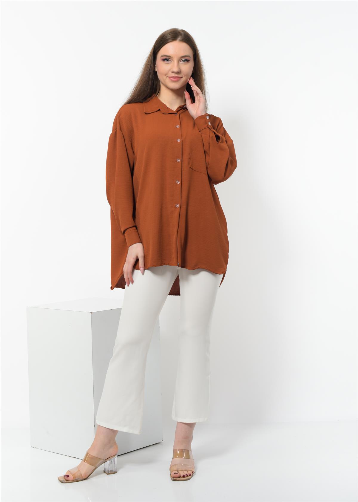 Kadın Aerobin Kumaş Düğmeli Gömlek Kahve