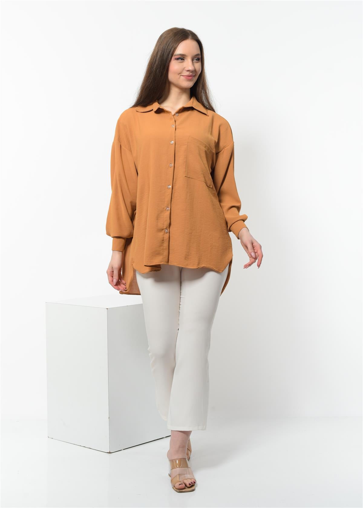 Kadın Aerobin Kumaş Düğmeli Gömlek Taba