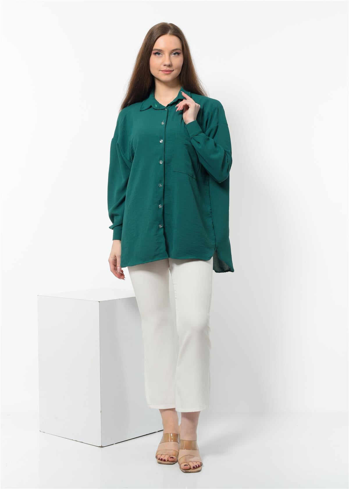 Kadın Aerobin Kumaş Düğmeli Gömlek Zümrüt
