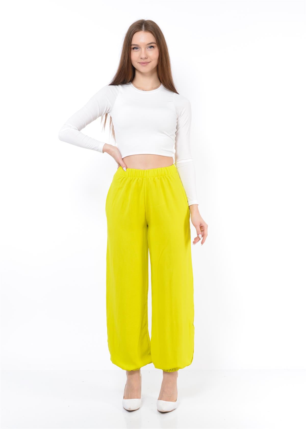 Kadın Beli Lastikli Şalvar Pantolon FıstıkYeşili