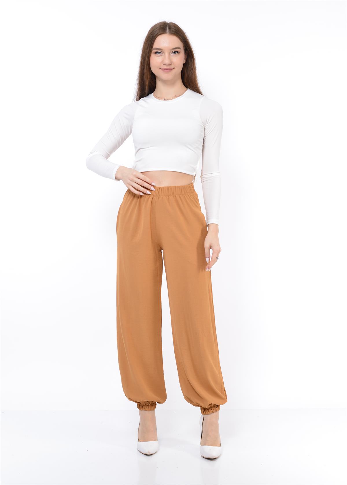 Kadın Beli Lastikli Şalvar Pantolon Taba