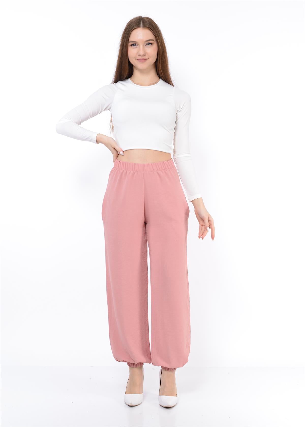 Kadın Beli Lastikli Şalvar Pantolon Toz Pembe