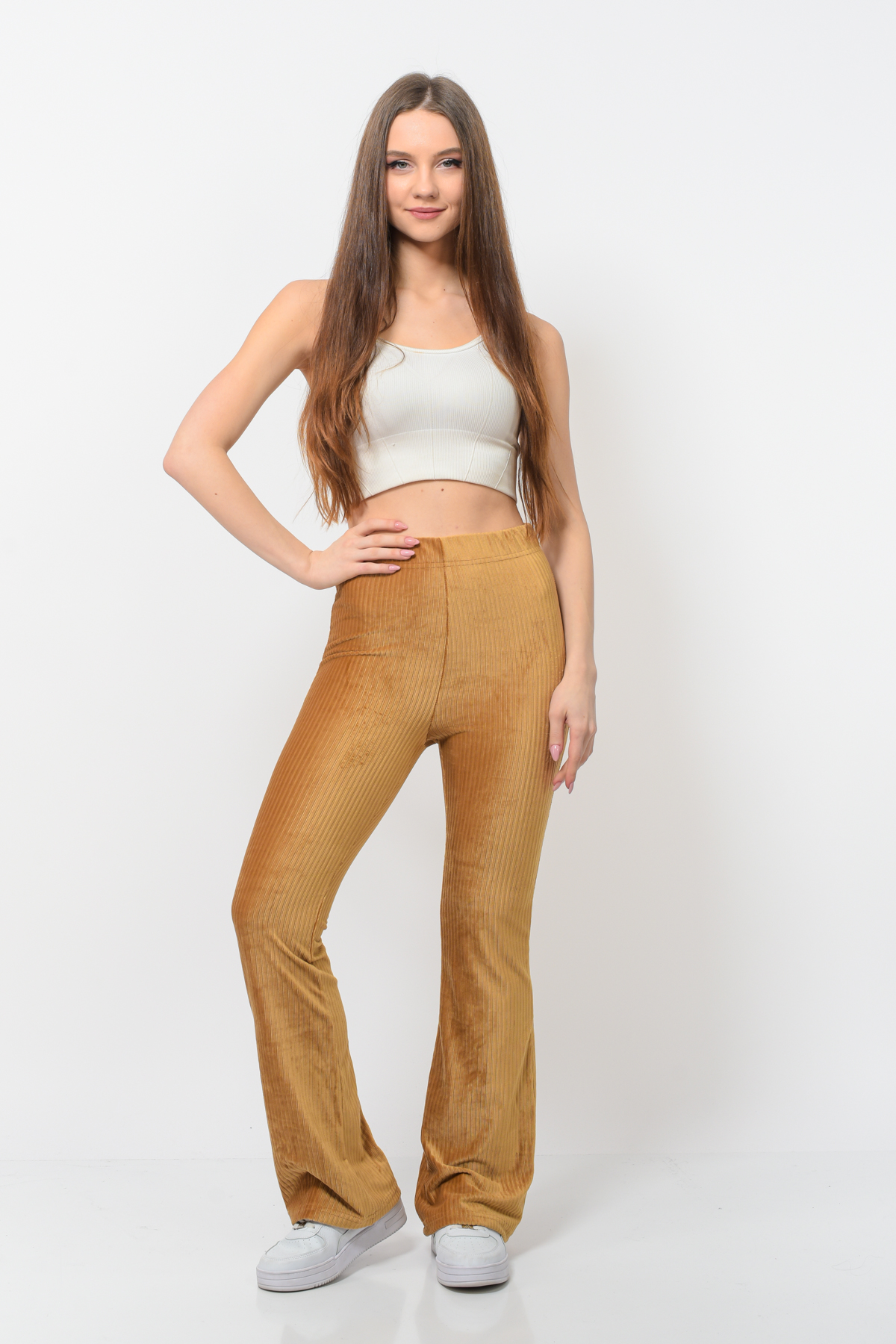 Kadın Fitilli Kadife İspanyol Paça Pantolon Taba Rengi