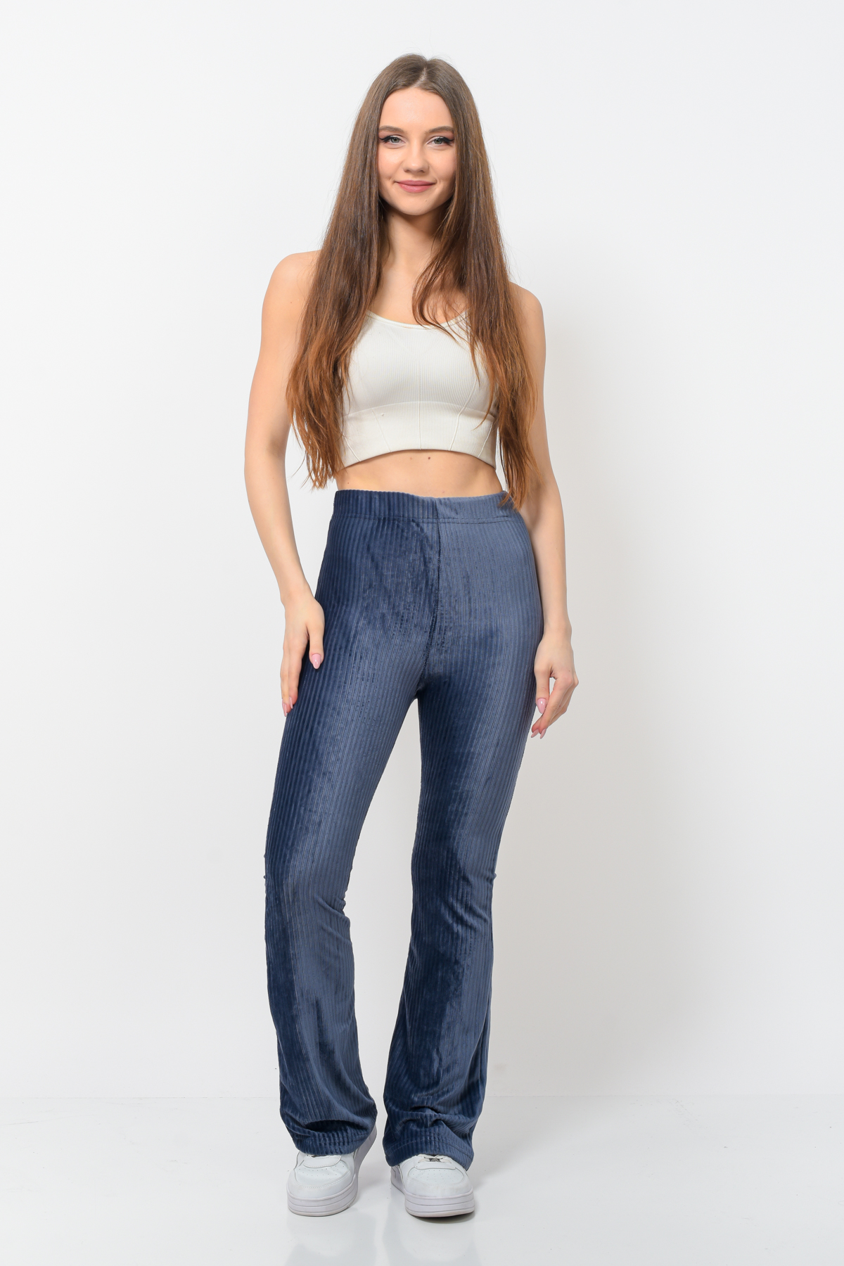 Kadın Fitilli Kadife İspanyol Paça Pantolon Lacivert Rengi