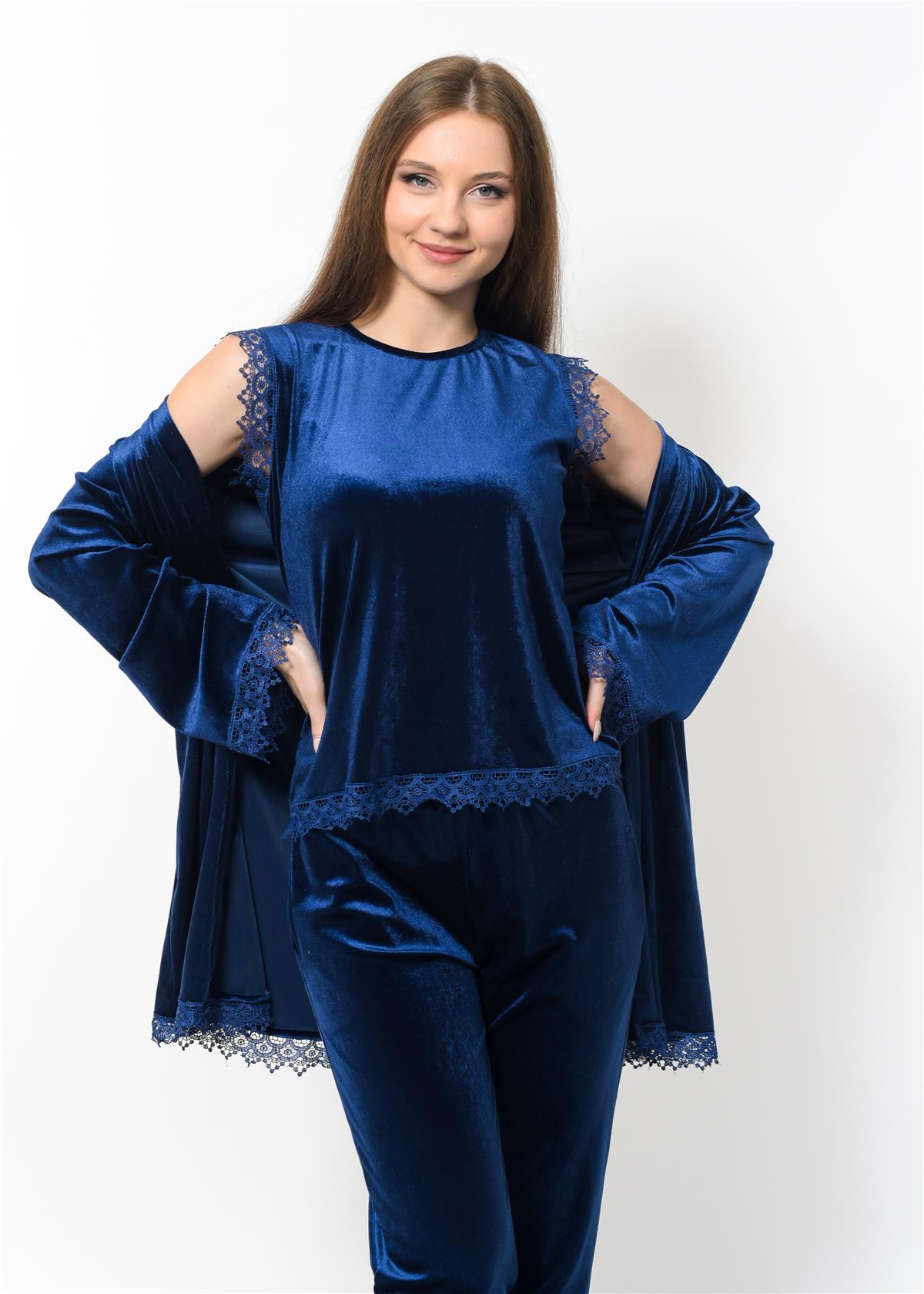 Kadın Kadife 3'Lü Gecelik Takım Lacivert