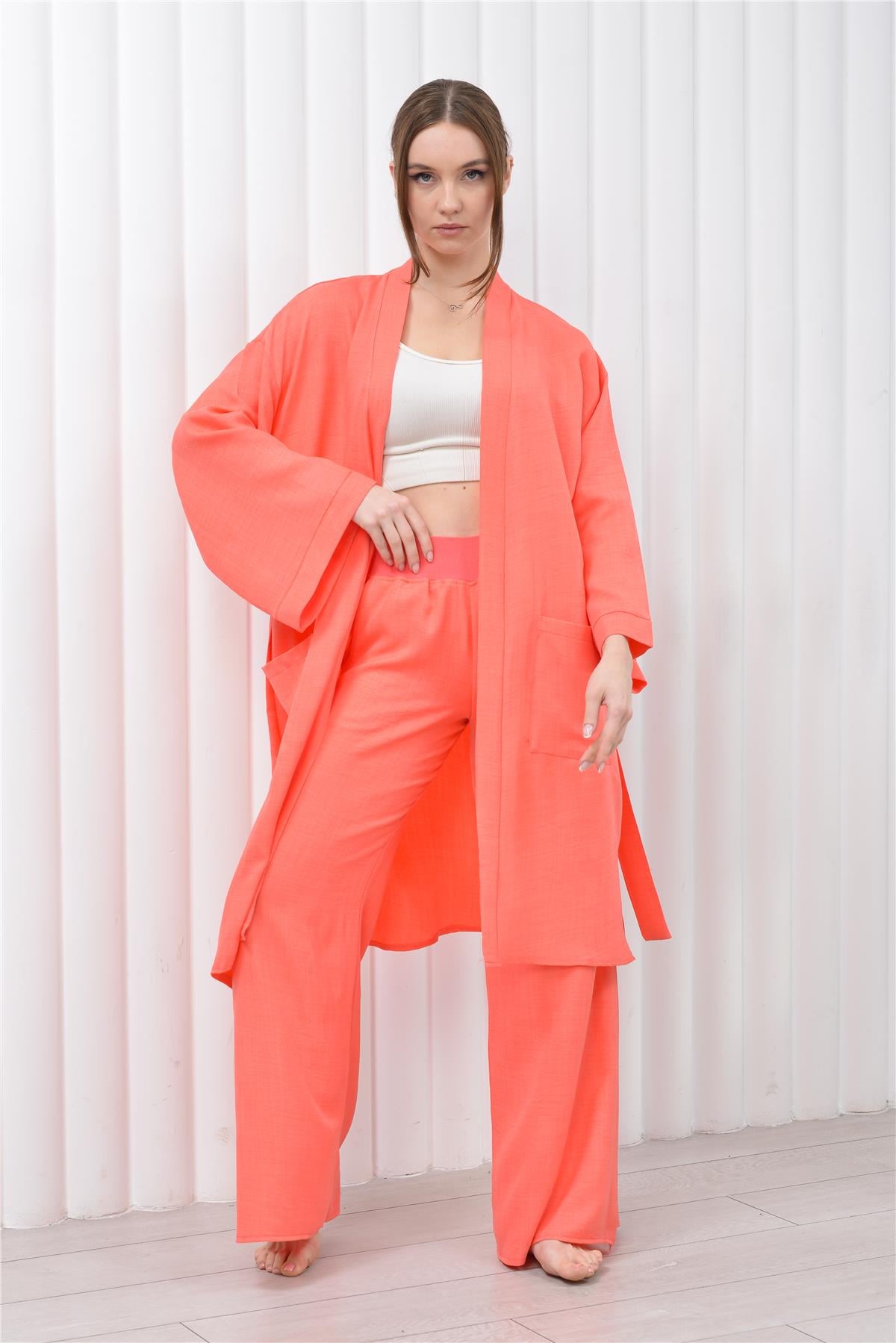 Kadın Keten Cepli Kuşaklı Uzun Kimono Somon