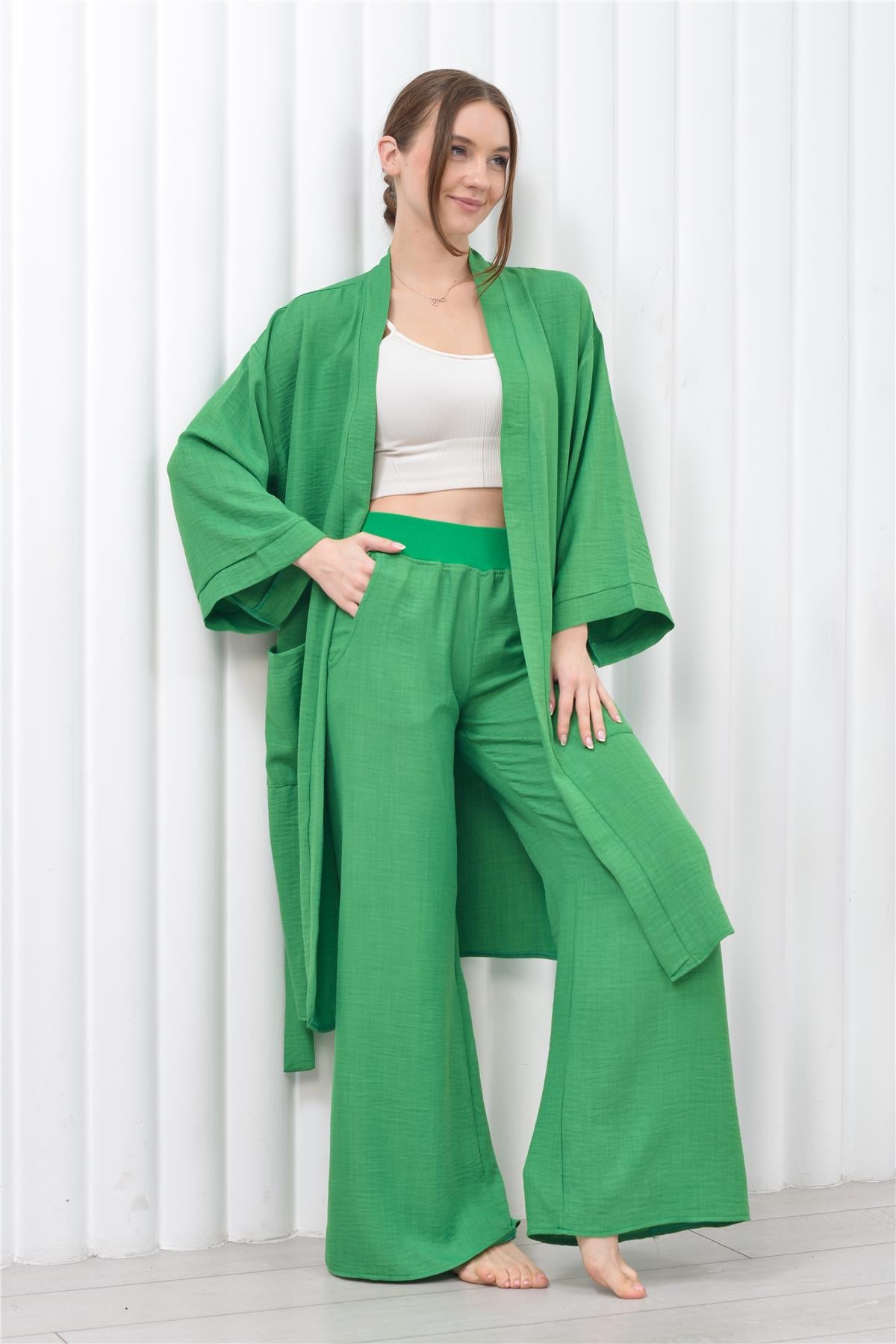 Kadın Keten Cepli Kuşaklı Uzun Kimono Yeşil