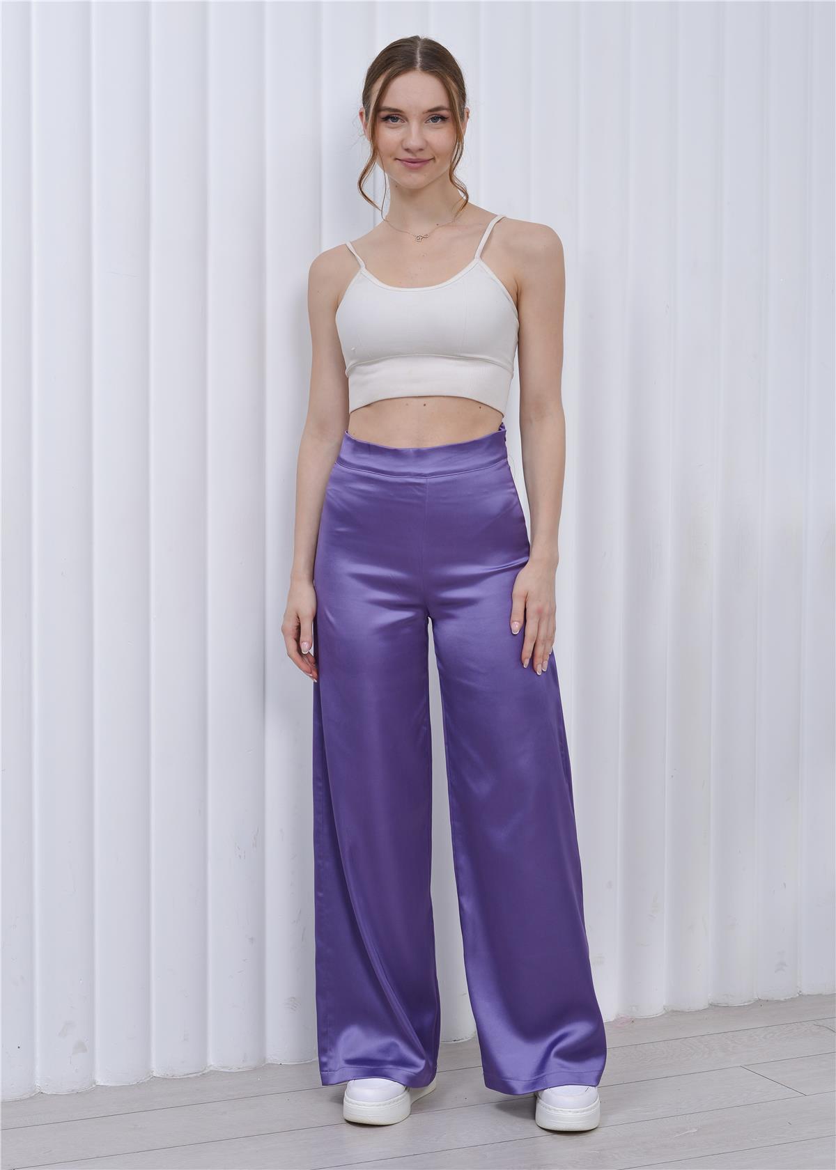 Kadın Yüksek Bel Saten Palazzo Pantolon Lila