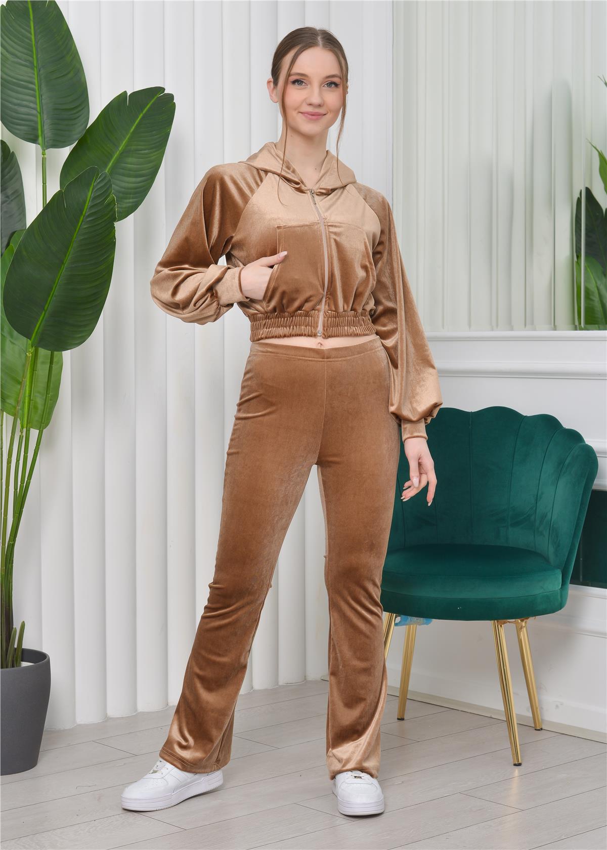 Kapşonlu Hırka Crop İspanyol Paça Altlı 3'Lü Kadife Takım Gold Rengi