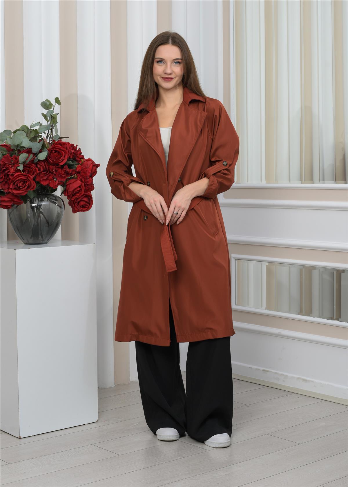 Yeni Sezon Oversize Uzun Trençkot Kiremit