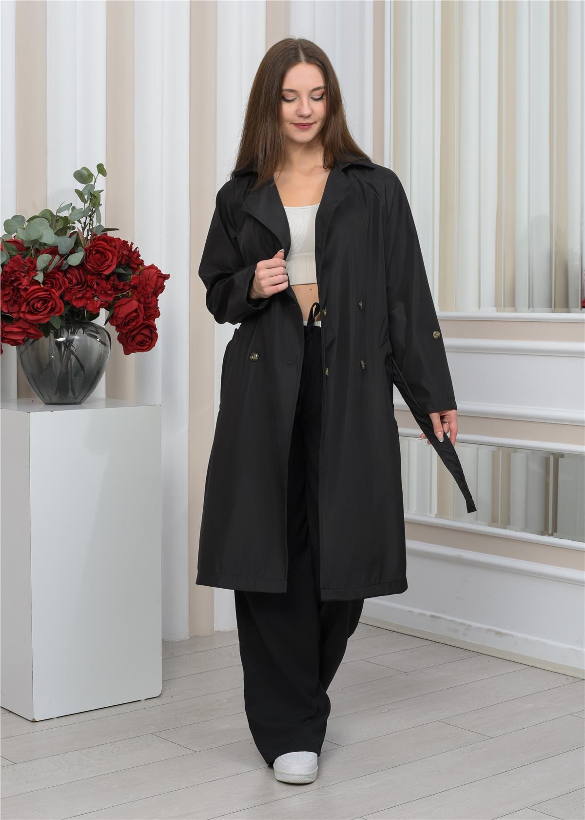 Yeni Sezon Oversize Uzun Trençkot Siyah