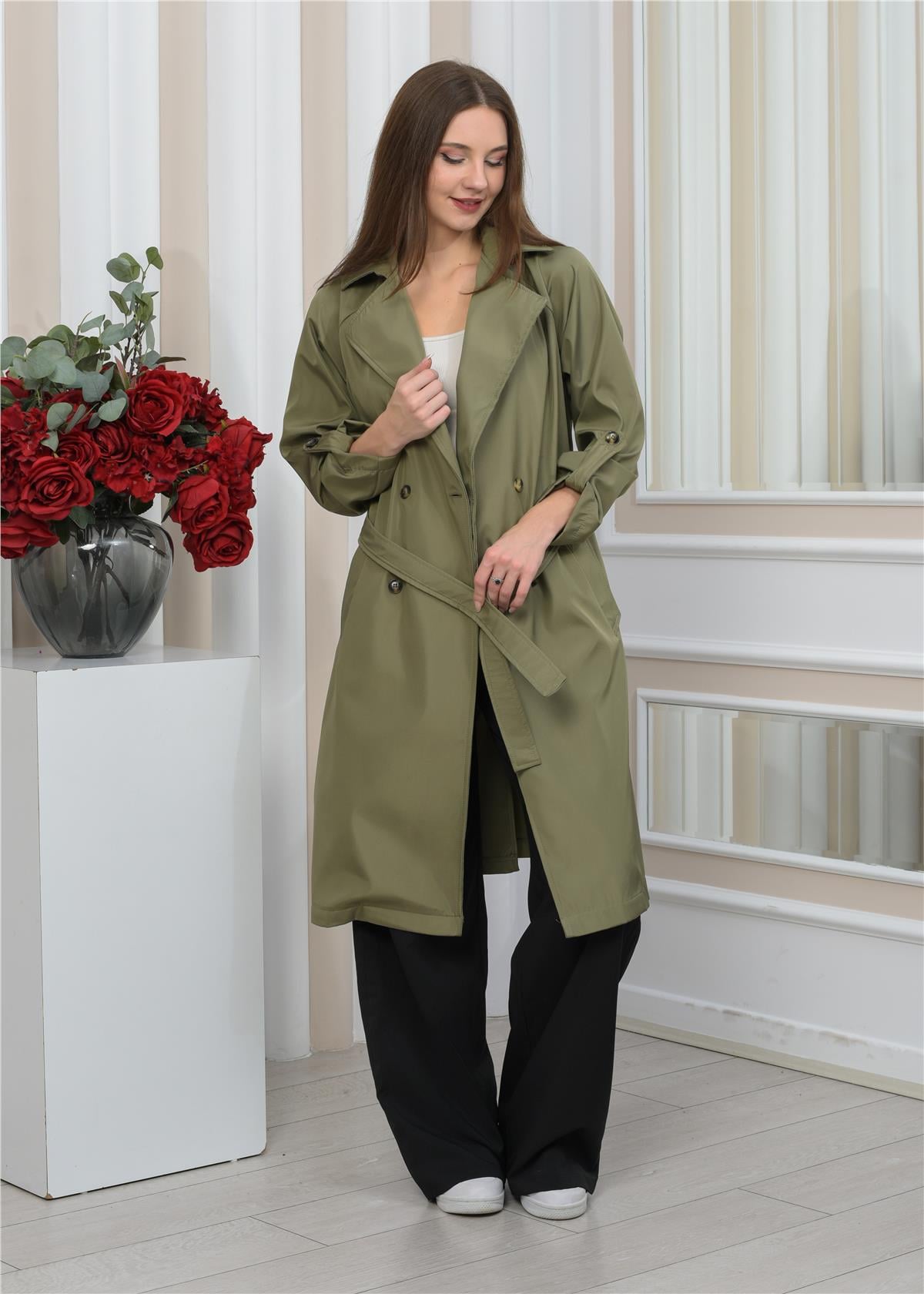 Yeni Sezon Oversize Uzun Trençkot SuYeşili