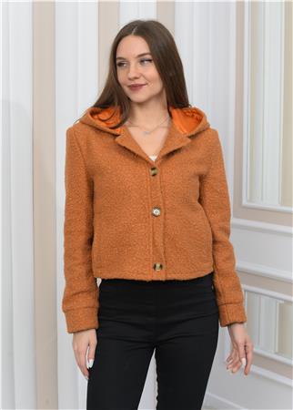 Yeni Sezon Peluş Kıvırcık Crop  Kapşonlu Mont Kiremit