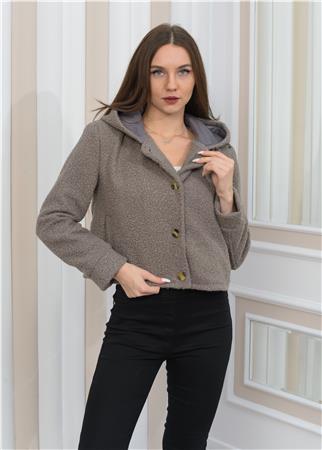 Yeni Sezon Peluş Kıvırcık Crop  Kapşonlu Mont Gri