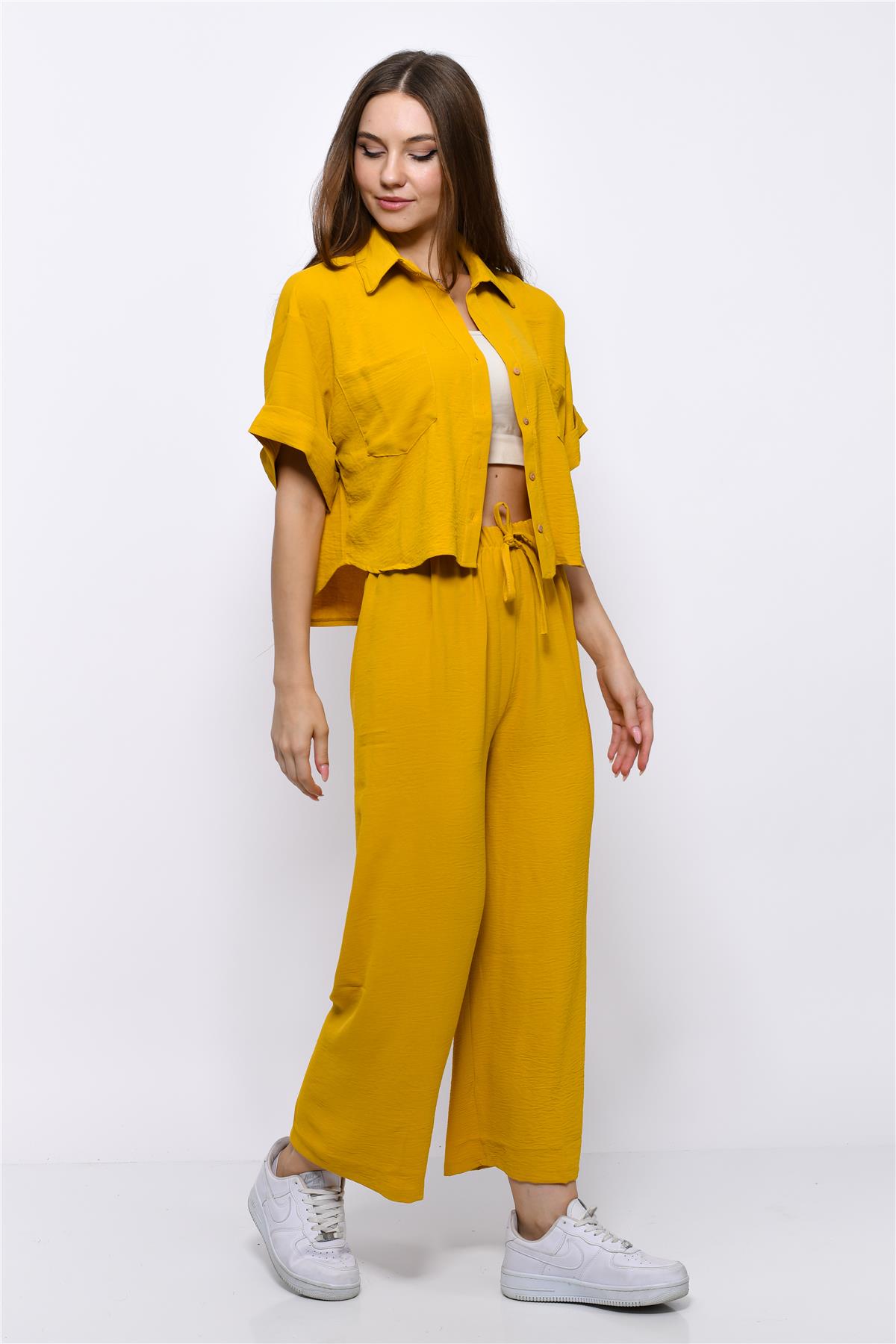 Aerobin Crop Gömlek Beli Lastikli Pantolon 2li Takım Sarı