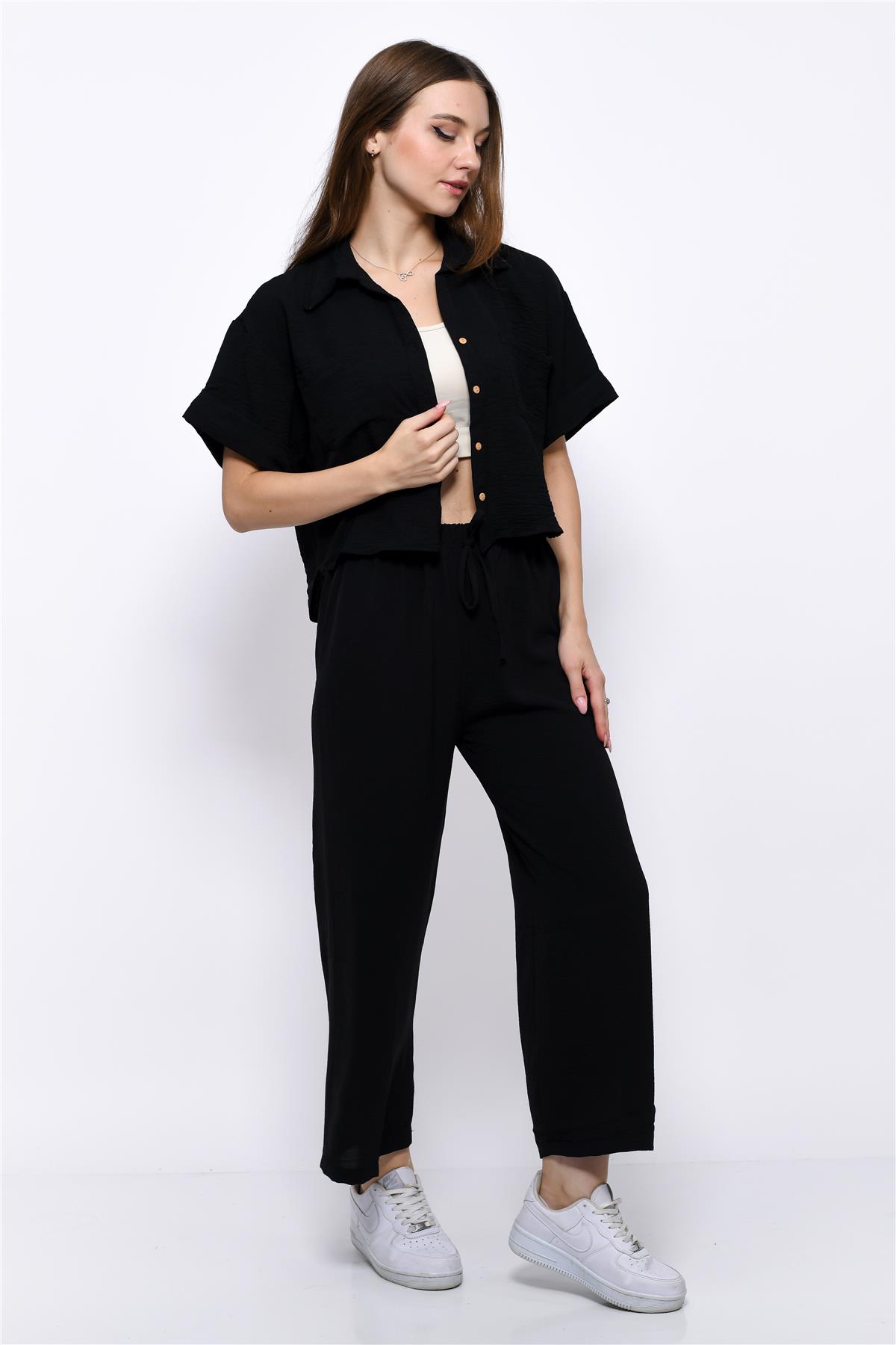 Aerobin Crop Gömlek Beli Lastikli Pantolon 2li Takım Siyah