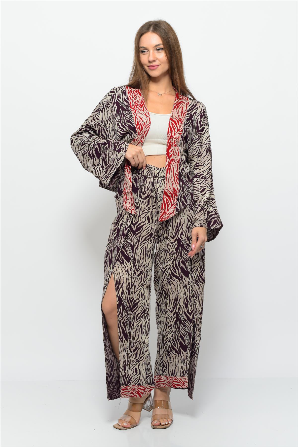 Desenli Pareo Pantolon & Crop Kimono Bordo-Krem