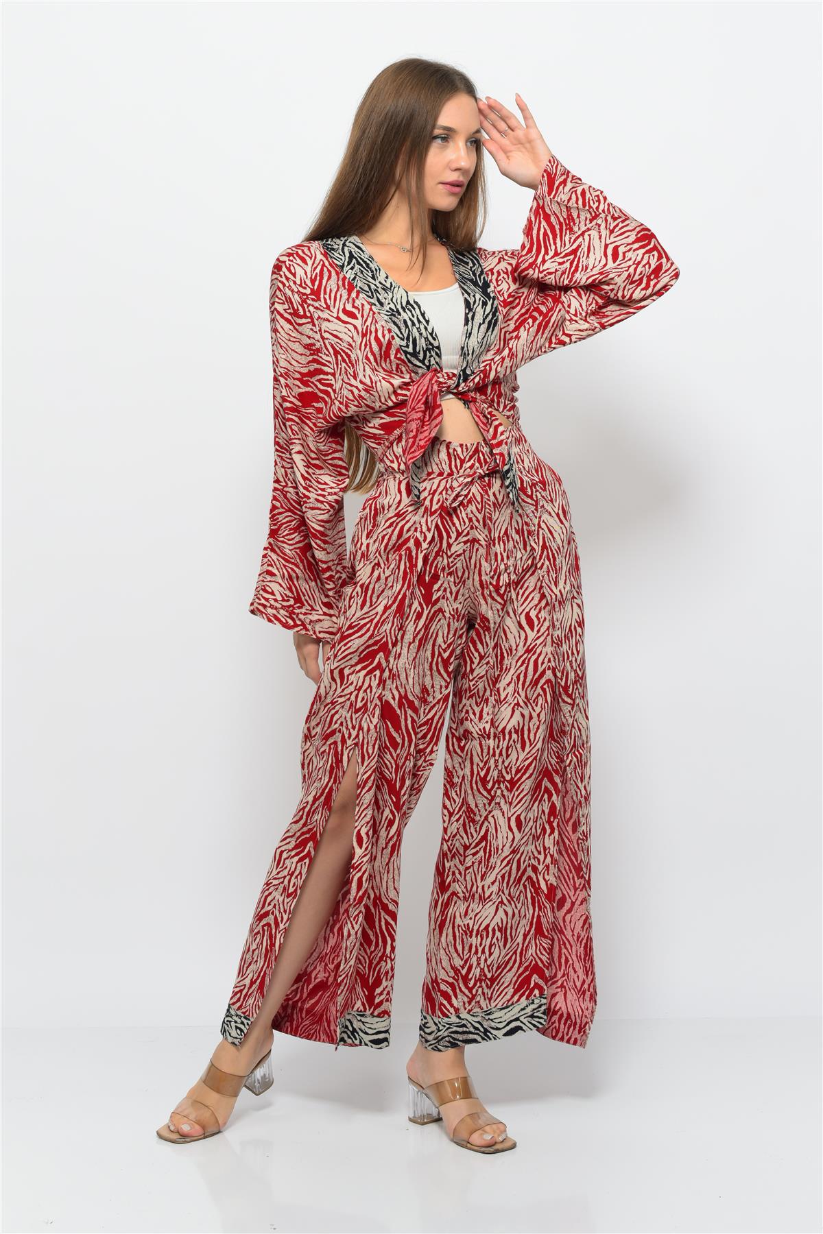 Desenli Pareo Pantolon & Crop Kimono Kırmızı-Krem