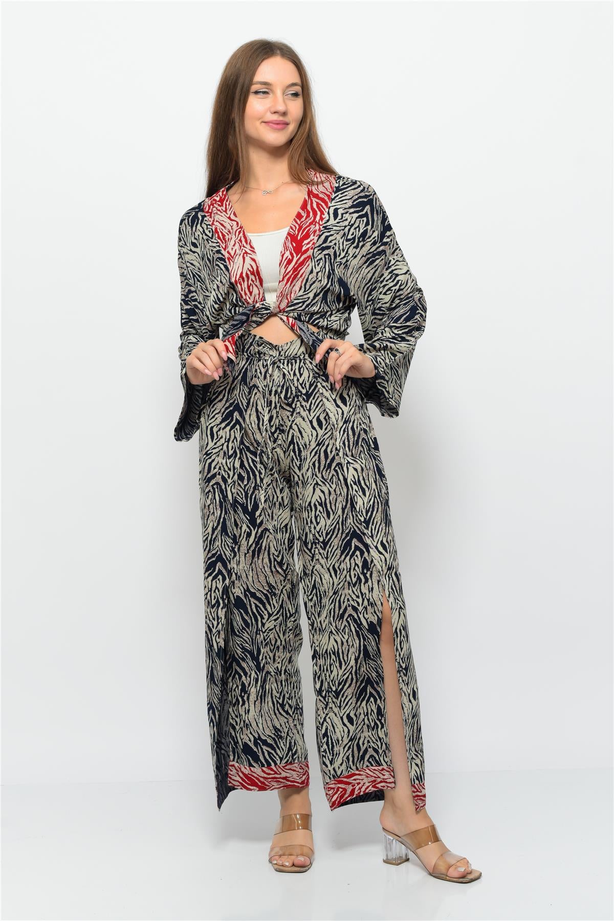 Desenli Pareo Pantolon & Crop Kimono Lacivert-Krem