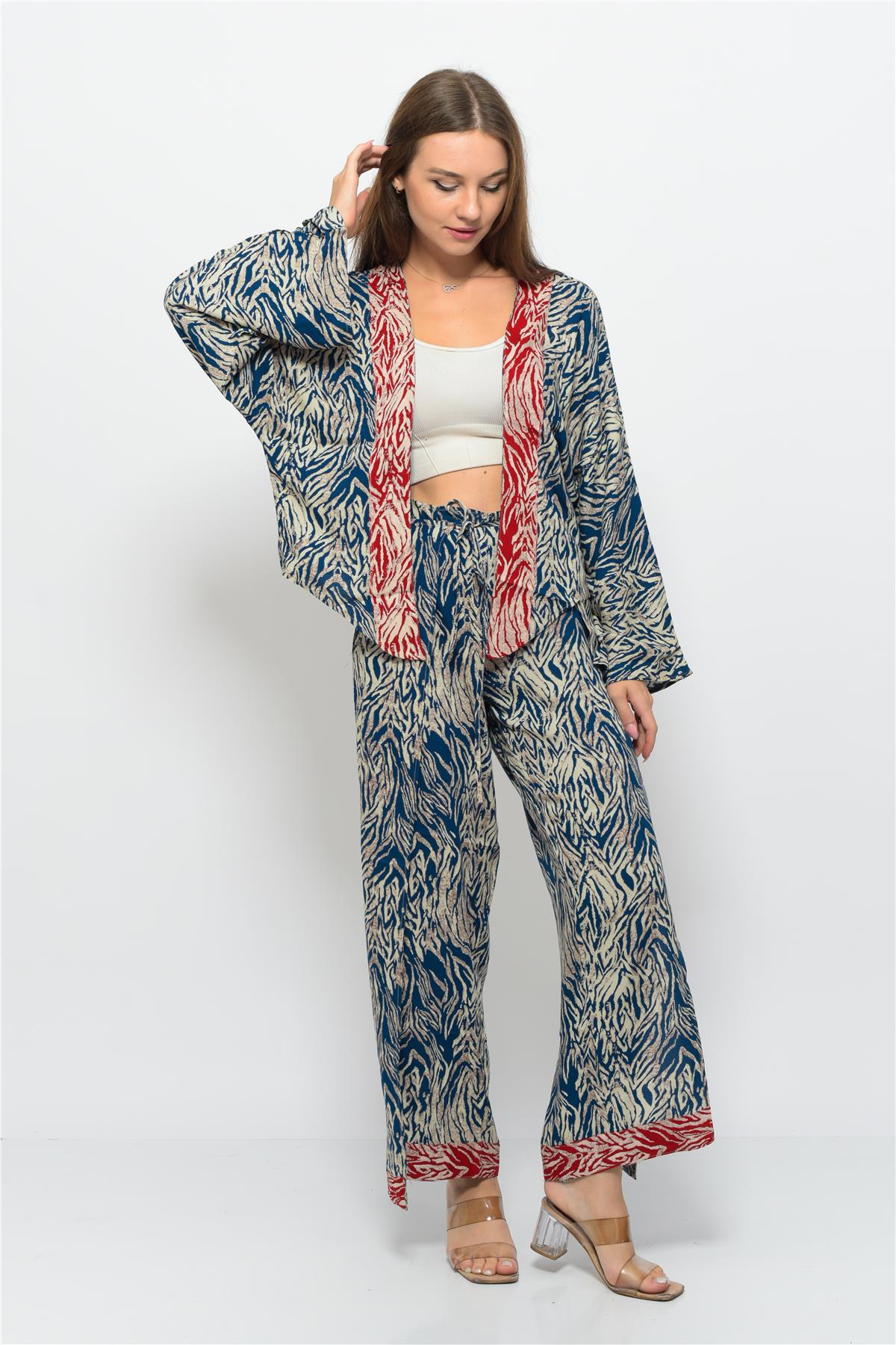 Desenli Pareo Pantolon & Crop Kimono Mavi-Krem
