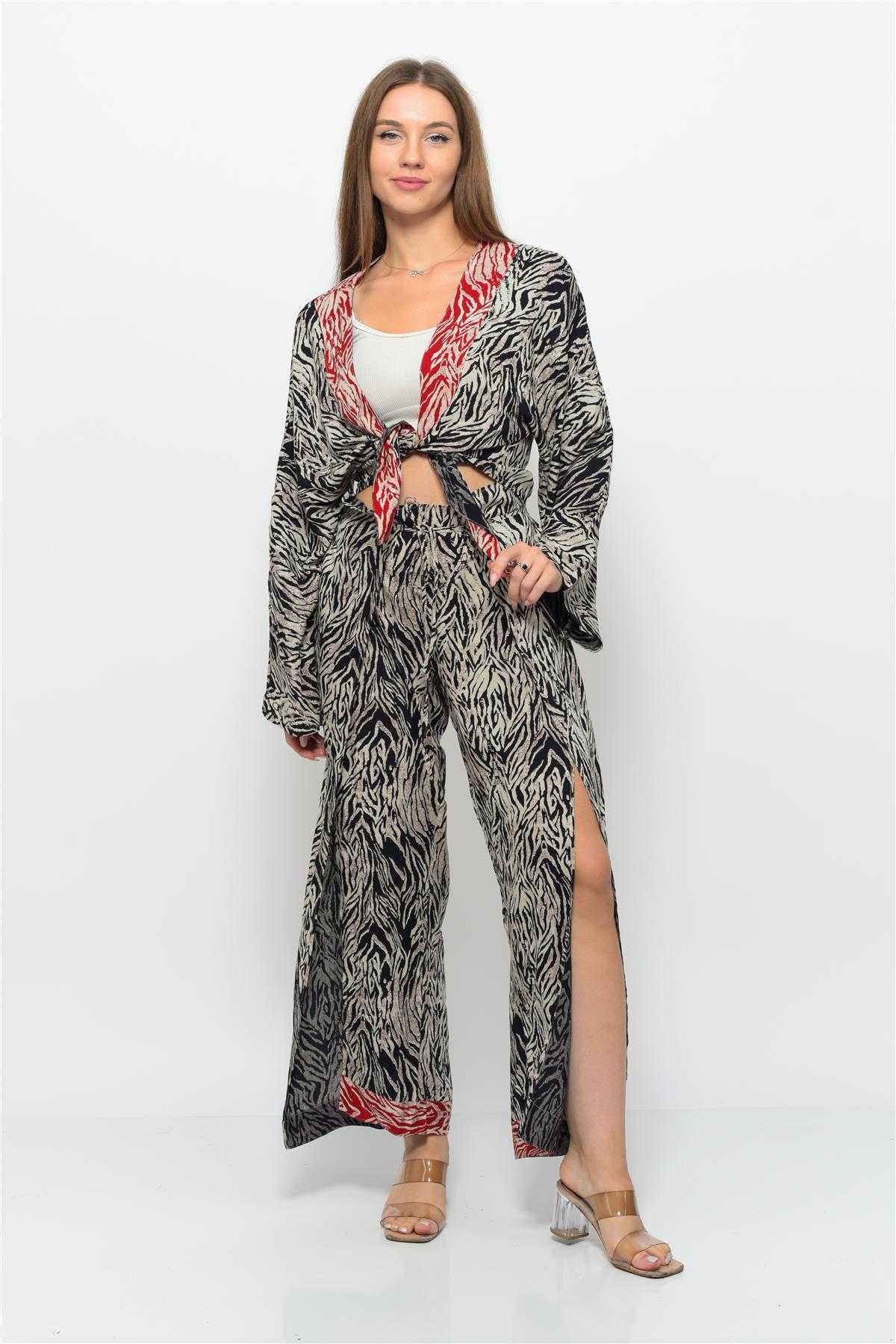Desenli Pareo Pantolon & Crop Kimono Siyah-Krem