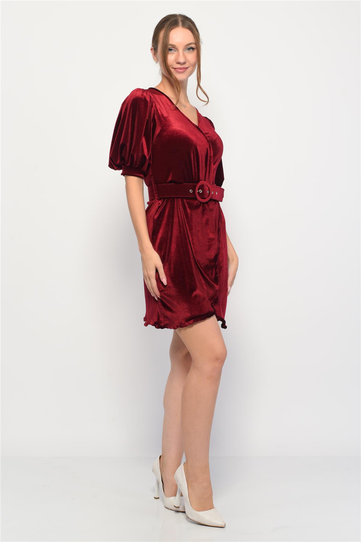 Kadife Kruvaze Yaka Kısa Balon Kol Mini Elbise Bordo