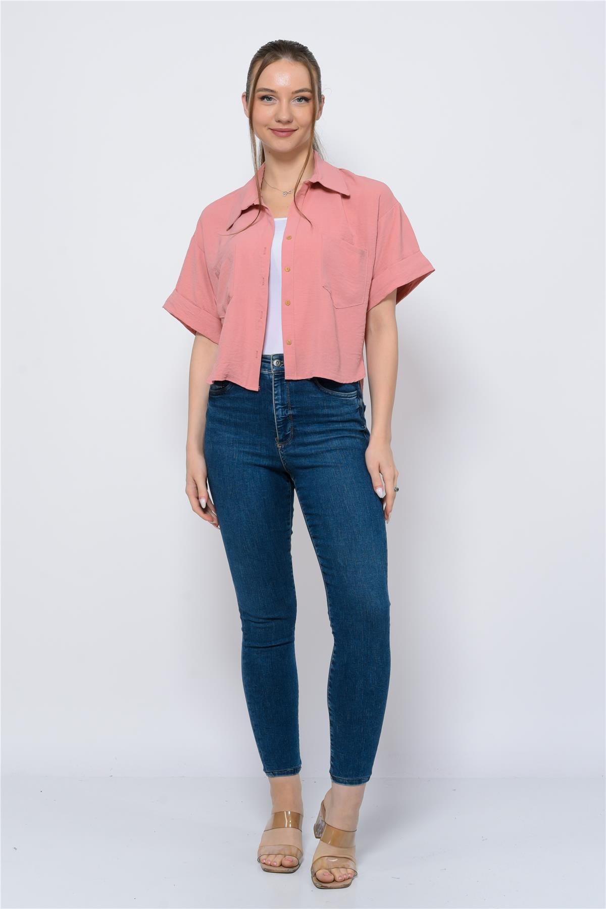 Kadın Aerobin Crop Gömlek Pudra