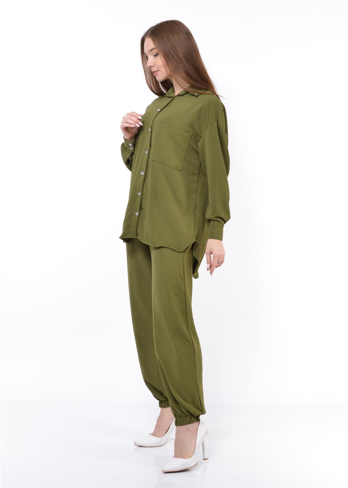 Kadın Aerobin Gömlek-Pantolon Alt Üst İkili Takım Haki