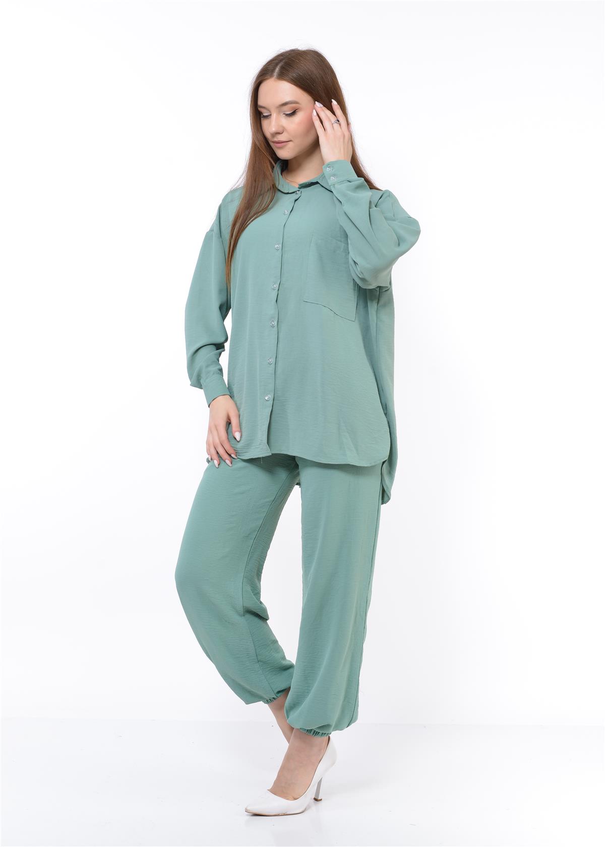 Kadın Aerobin Gömlek-Pantolon Alt Üst İkili Takım Su Yeşili