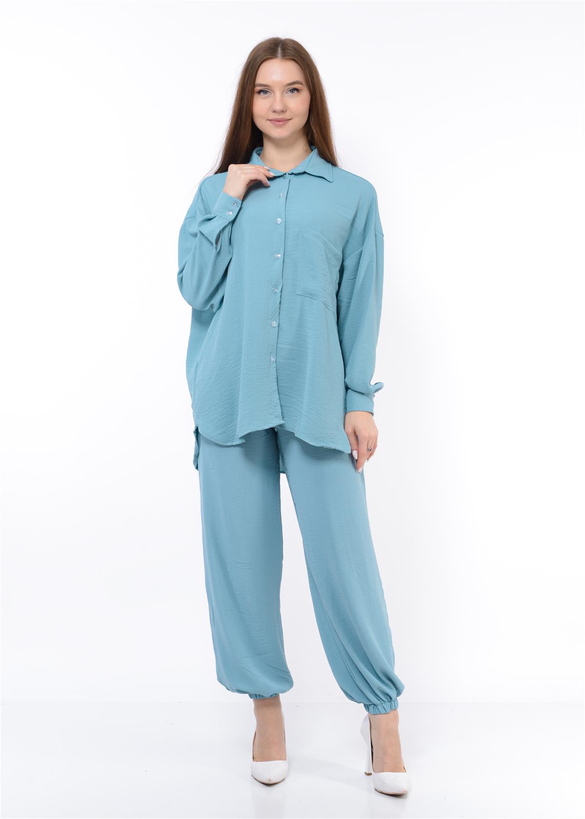 Kadın Aerobin Gömlek-Pantolon Alt Üst İkili Takım Bebe Mavisi 