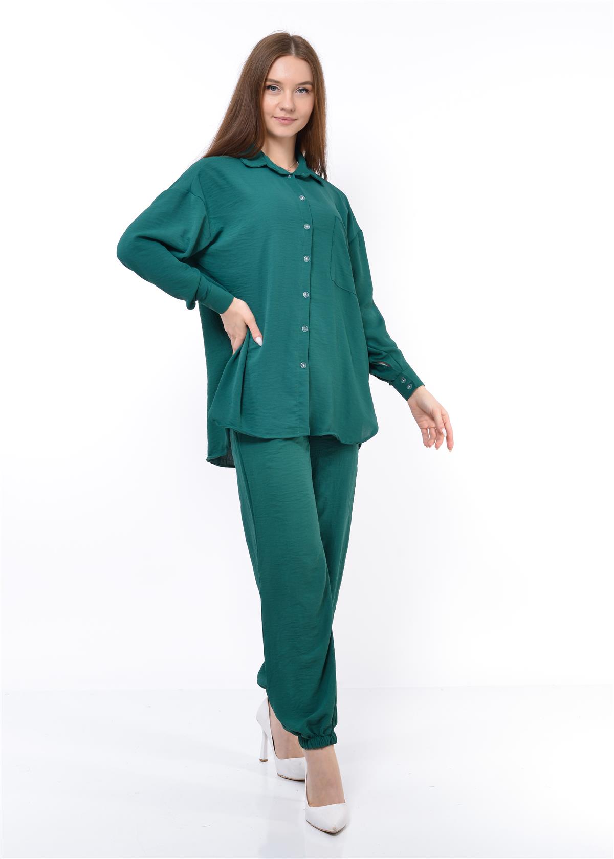 Kadın Aerobin Gömlek-Pantolon Alt Üst İkili Takım Zümrüt
