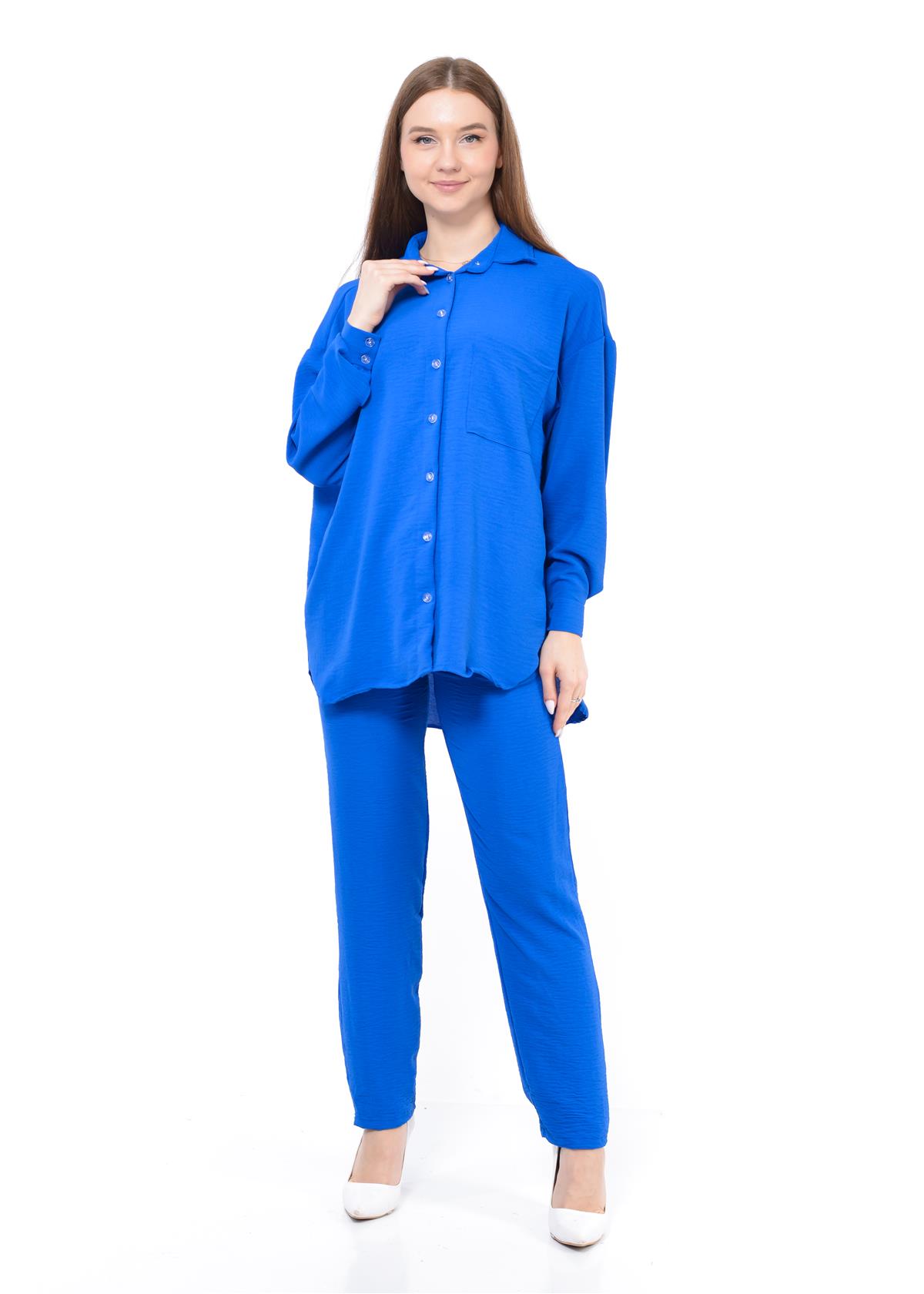 Kadın Aerobin Gömlek-Pantolon Alt Üst İkili Takım Saks 