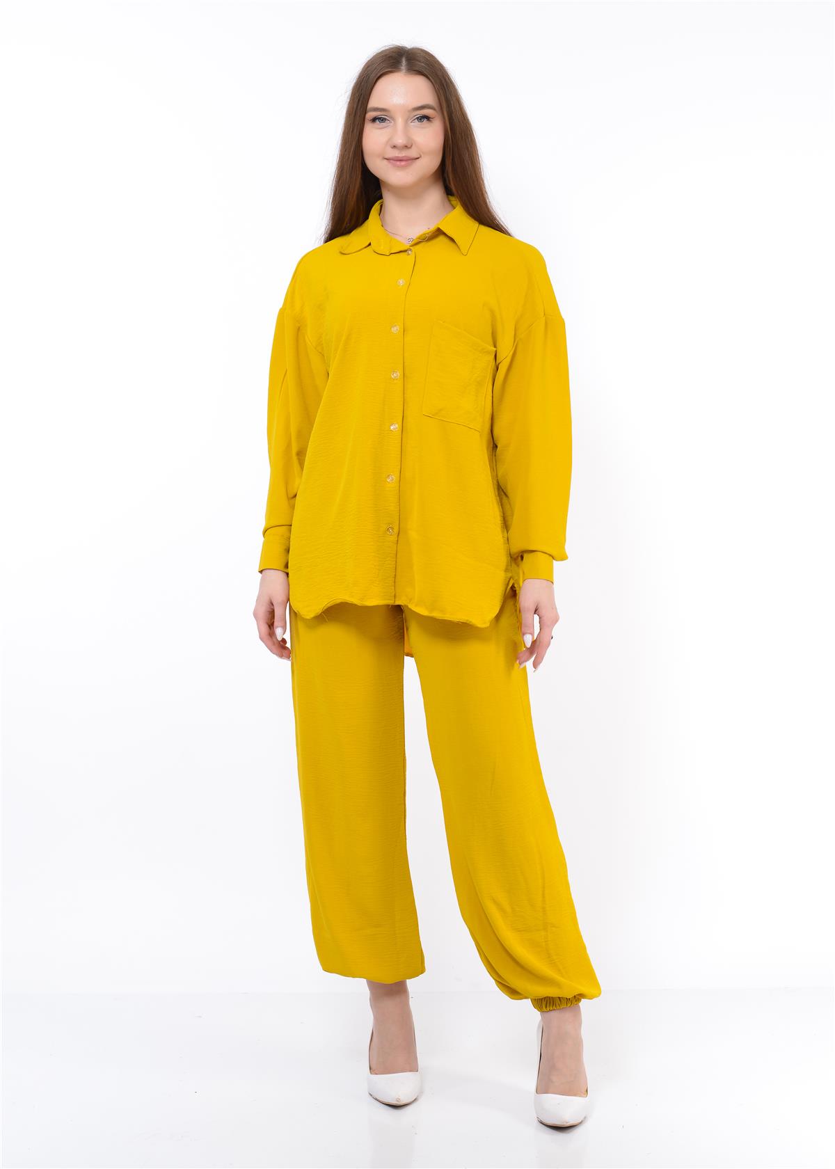 Kadın Aerobin Gömlek-Pantolon Alt Üst İkili Takım Hardal Sarısı
