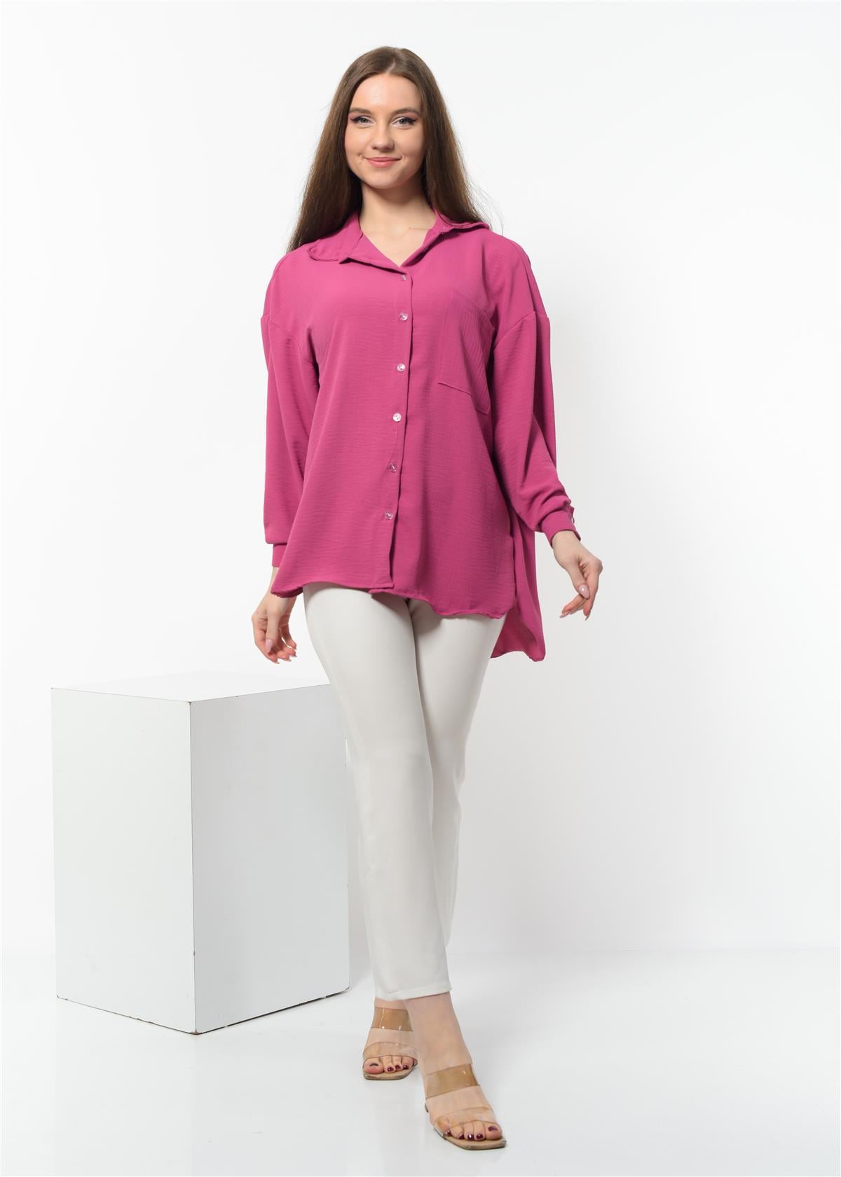 Kadın Aerobin Kumaş Düğmeli Gömlek Nar Çiçeği