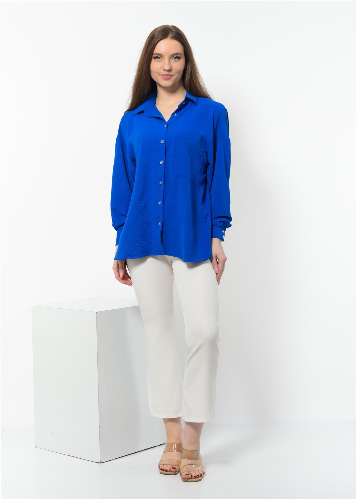 Kadın Aerobin Kumaş Düğmeli Gömlek Saks