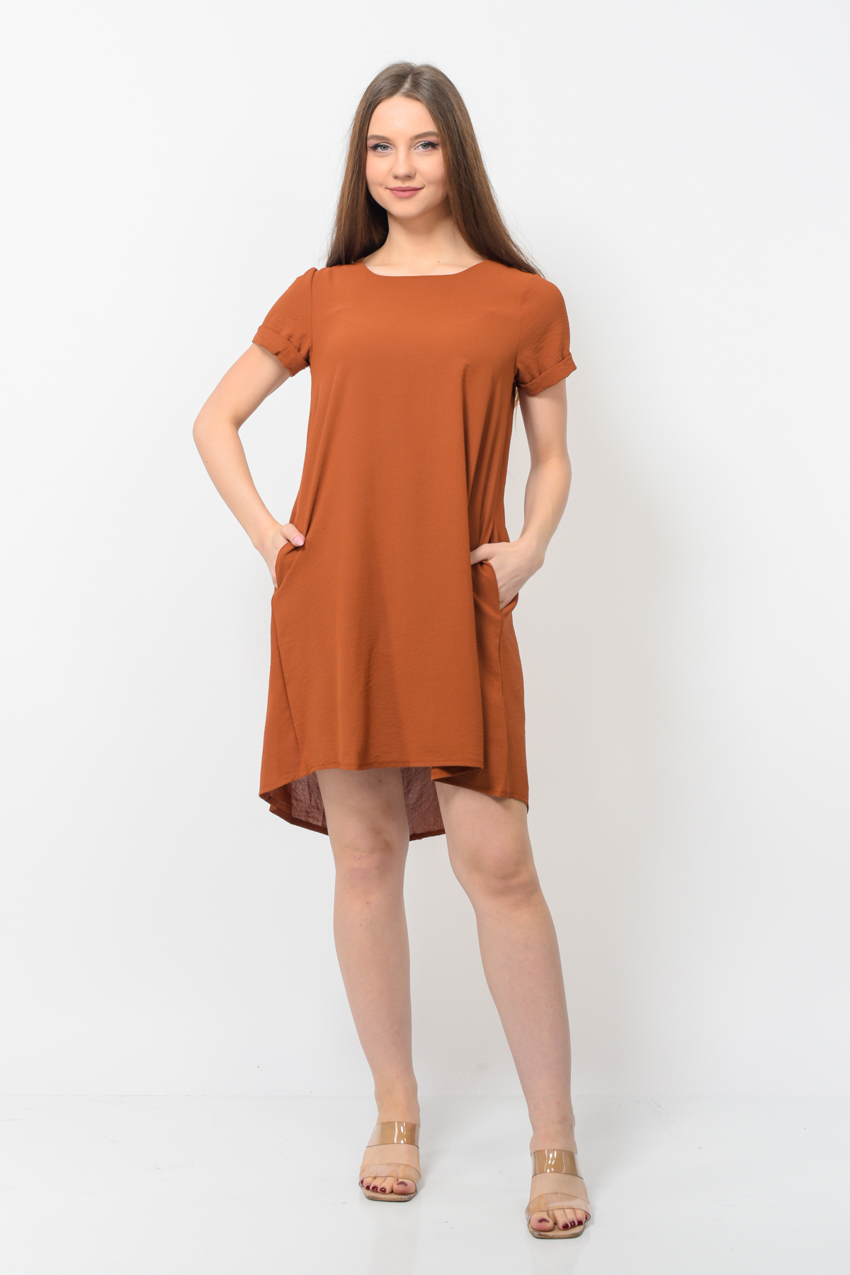 Kadın Aerobin Kumaş Yazlık Elbise Kahverengi