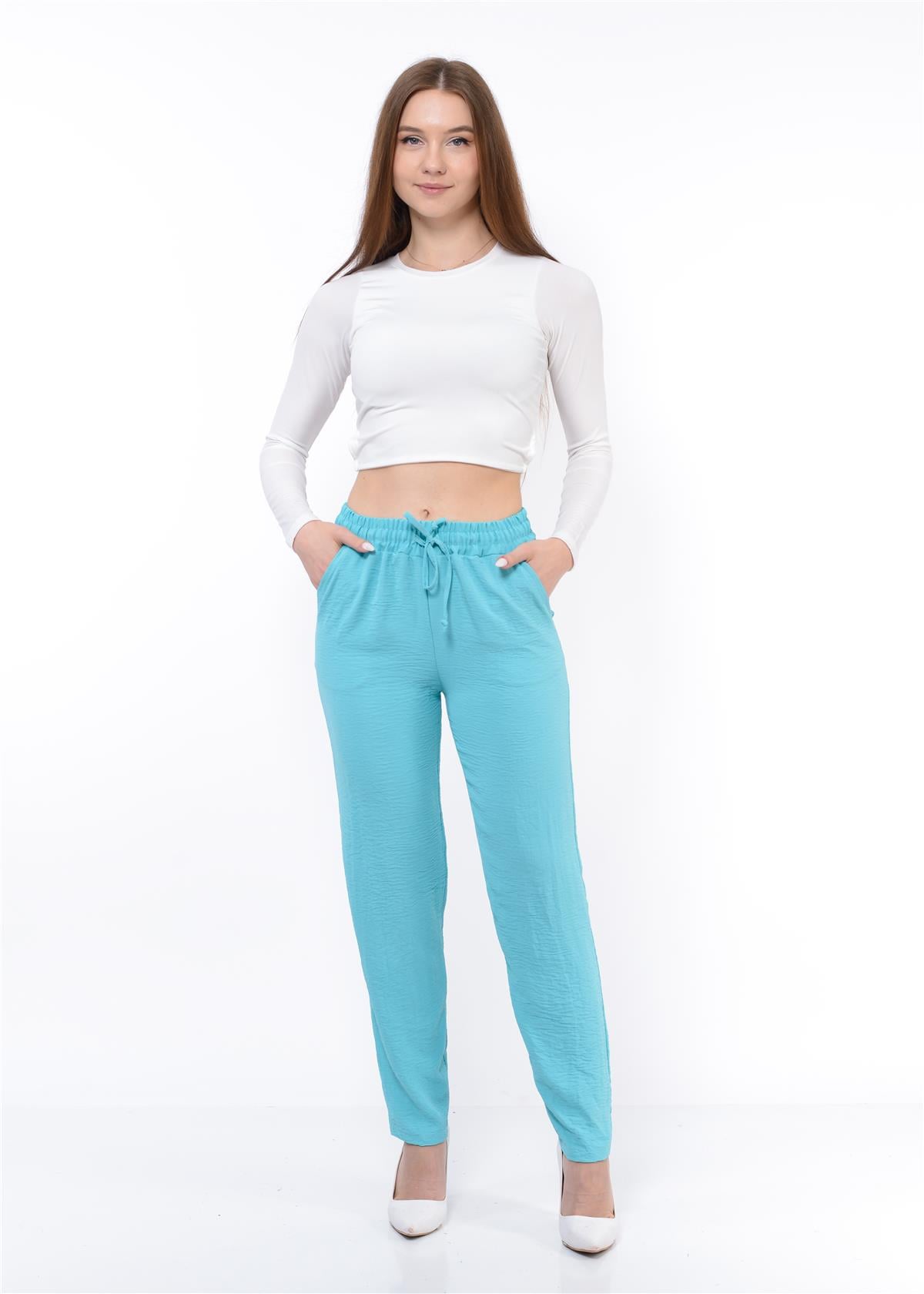 Kadın Beli Lastikli Aerobin Pantolon Turkuaz