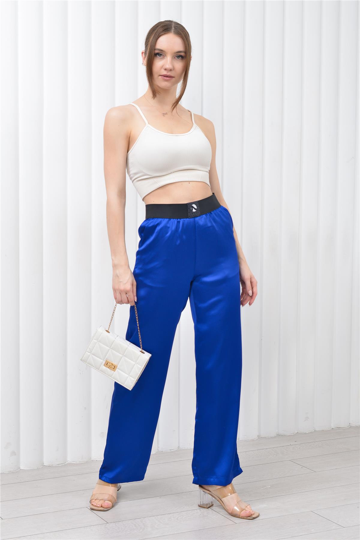 Kadın Beli Lastikli Palazzo Saten Pantolon Saks