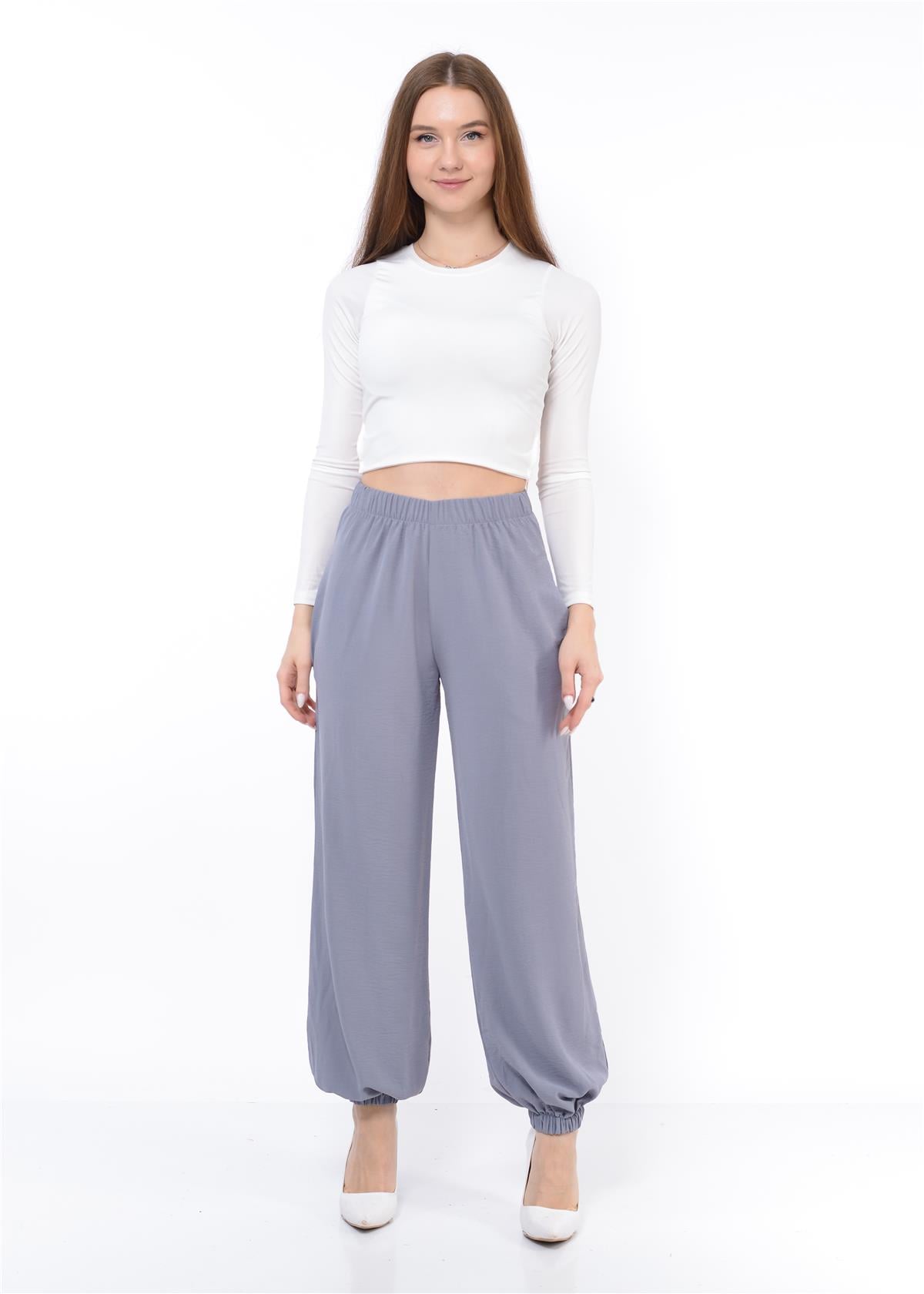 Kadın Beli Lastikli Şalvar Pantolon Gri