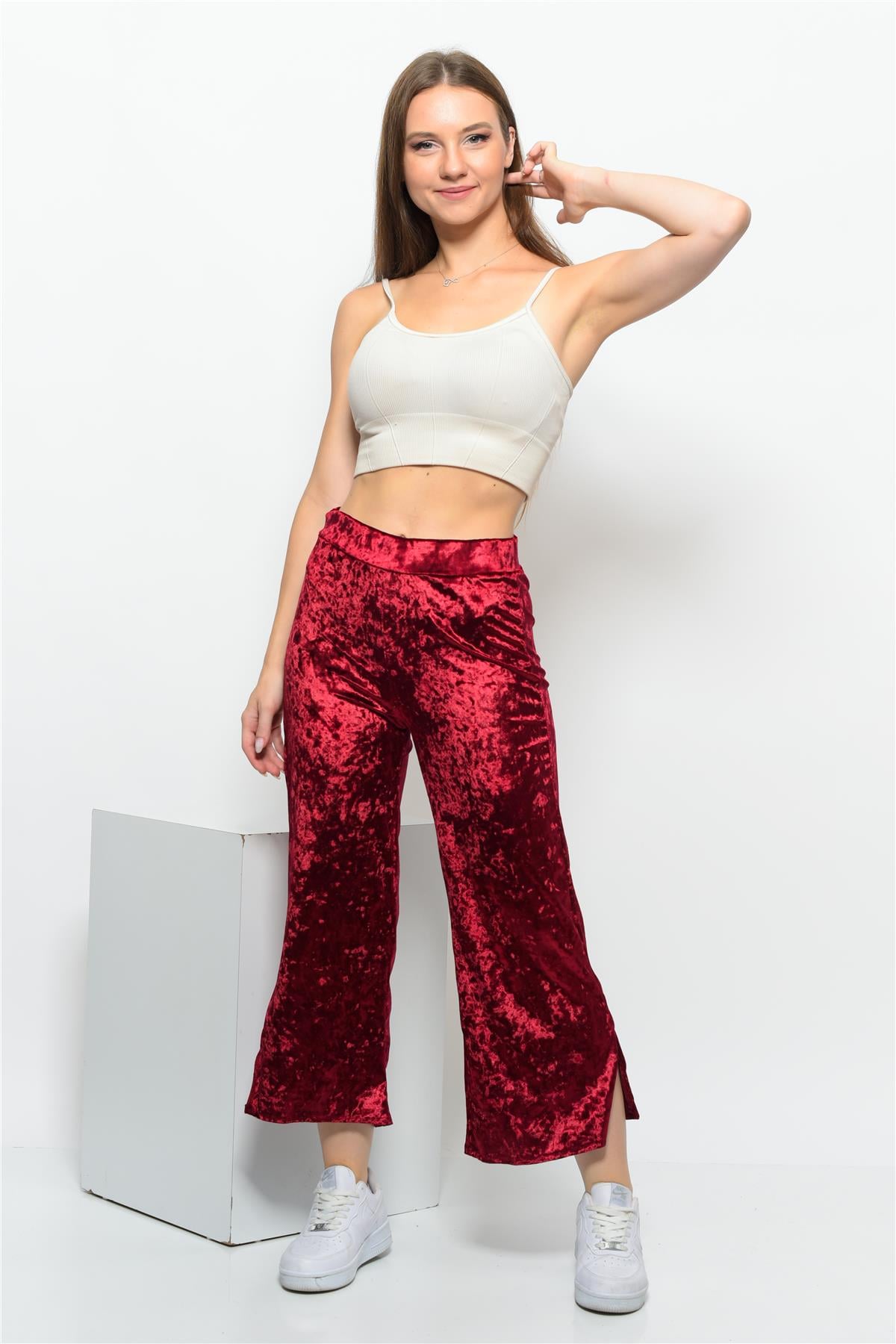 Kadın Beli Lastikli Yandan Yırtmaçlı Janjanlı Kadife Pantolon Kırmızı