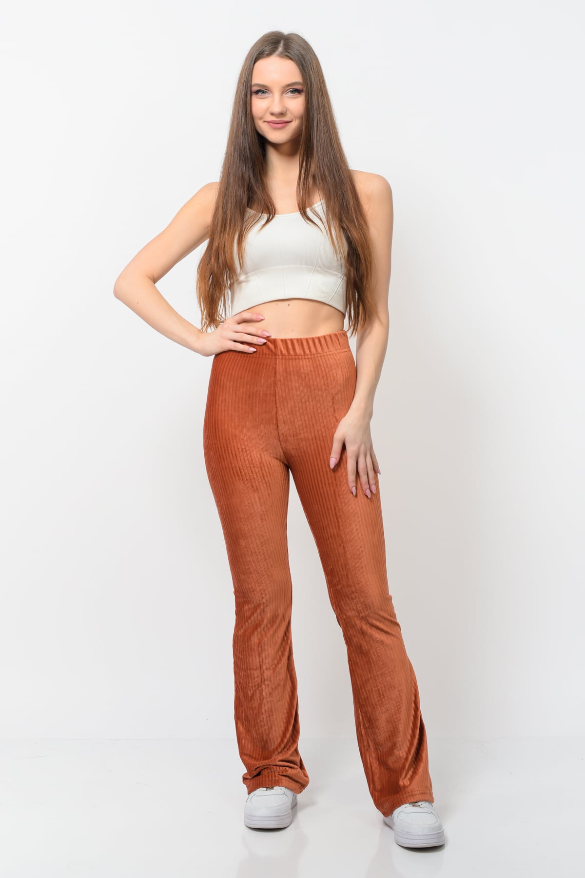 Kadın Fitilli Kadife İspanyol Paça Pantolon Kiremit Rengi