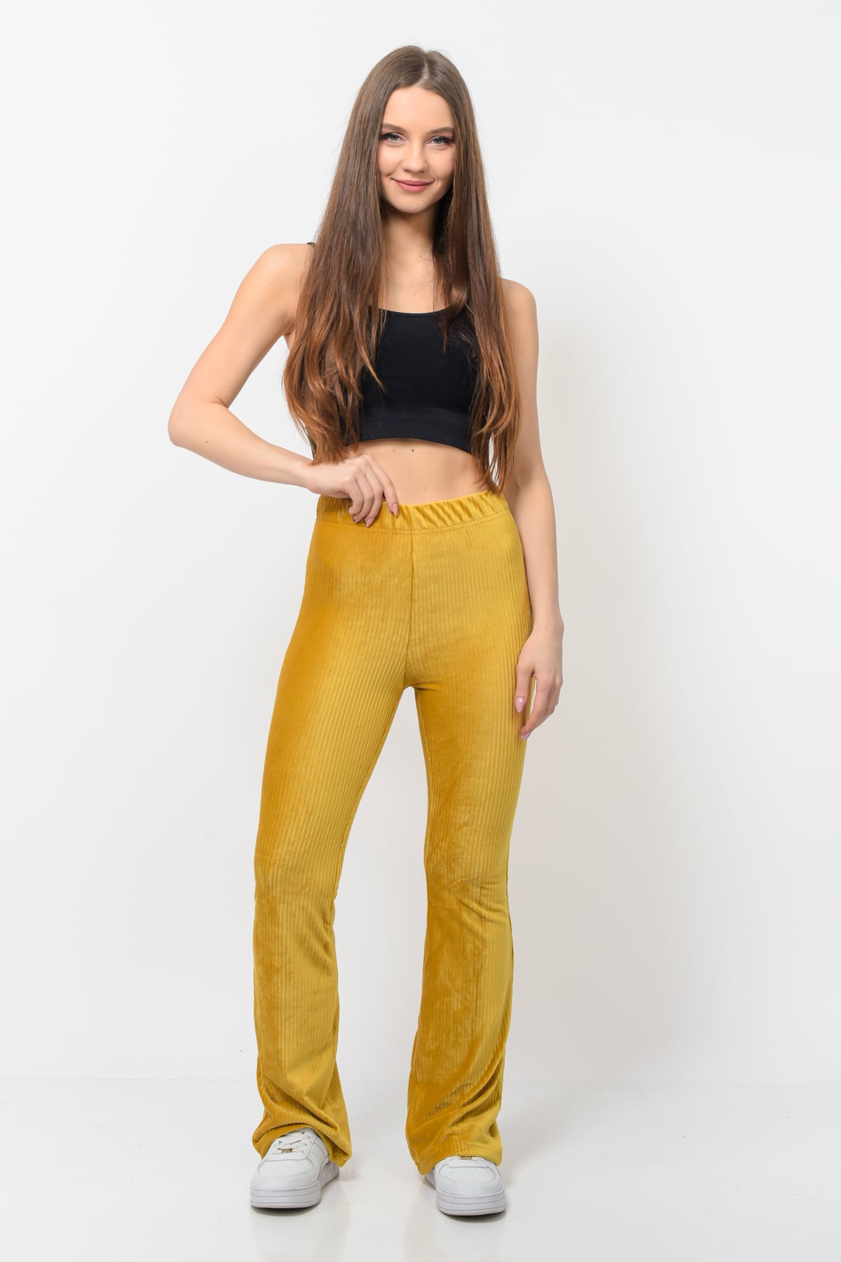 Kadın Fitilli Kadife İspanyol Paça Pantolon Hardal Rengi