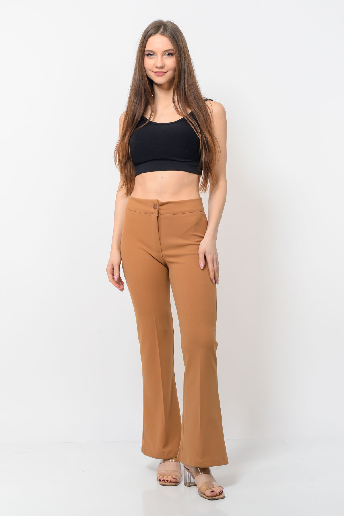 Kadın İspanyol Paça Scuba Crep Kumaş Pantolon Taba Rengi