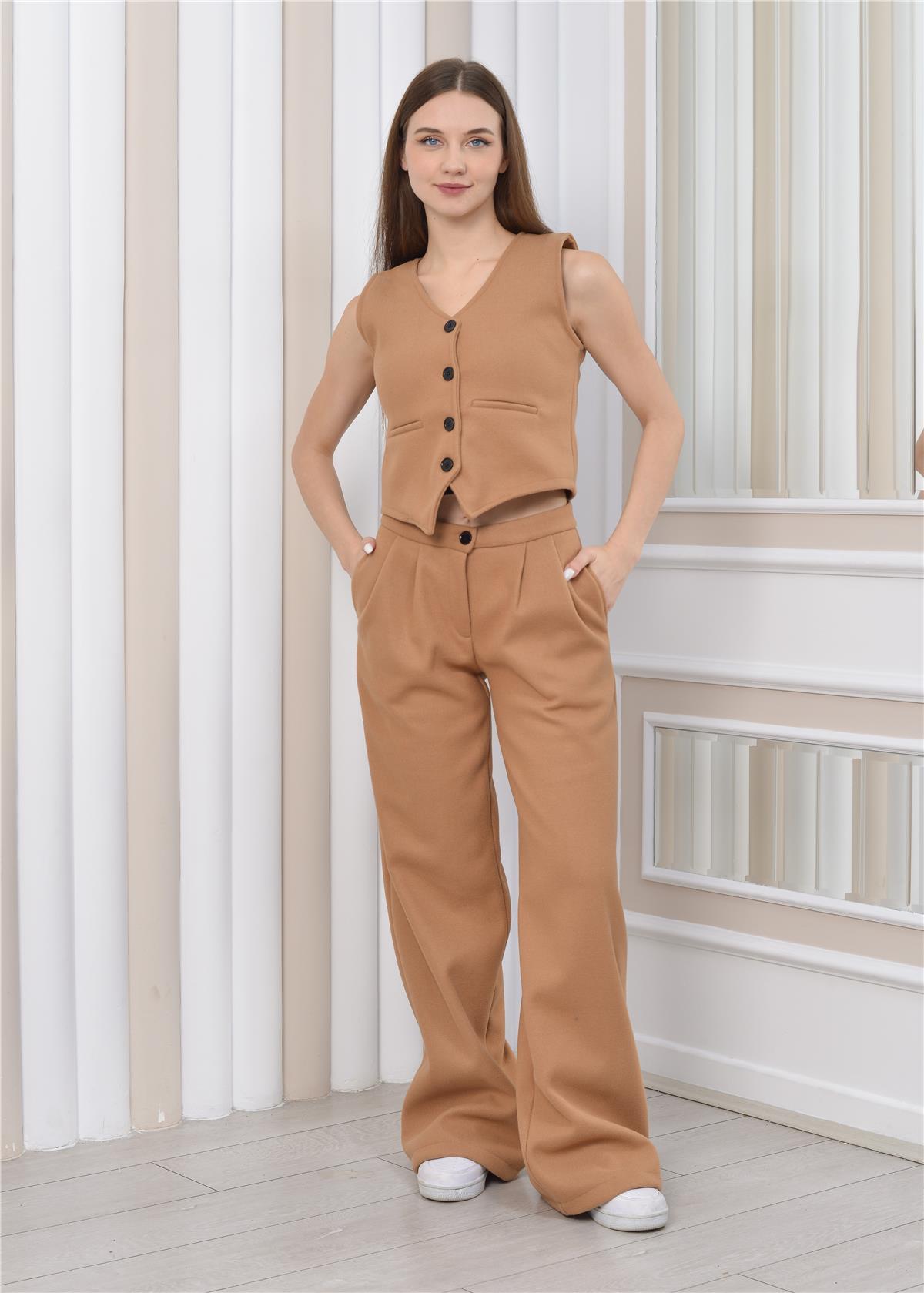 Kadın Kaşe Pantolon&Yelek Kışlık İkili Takım Taba